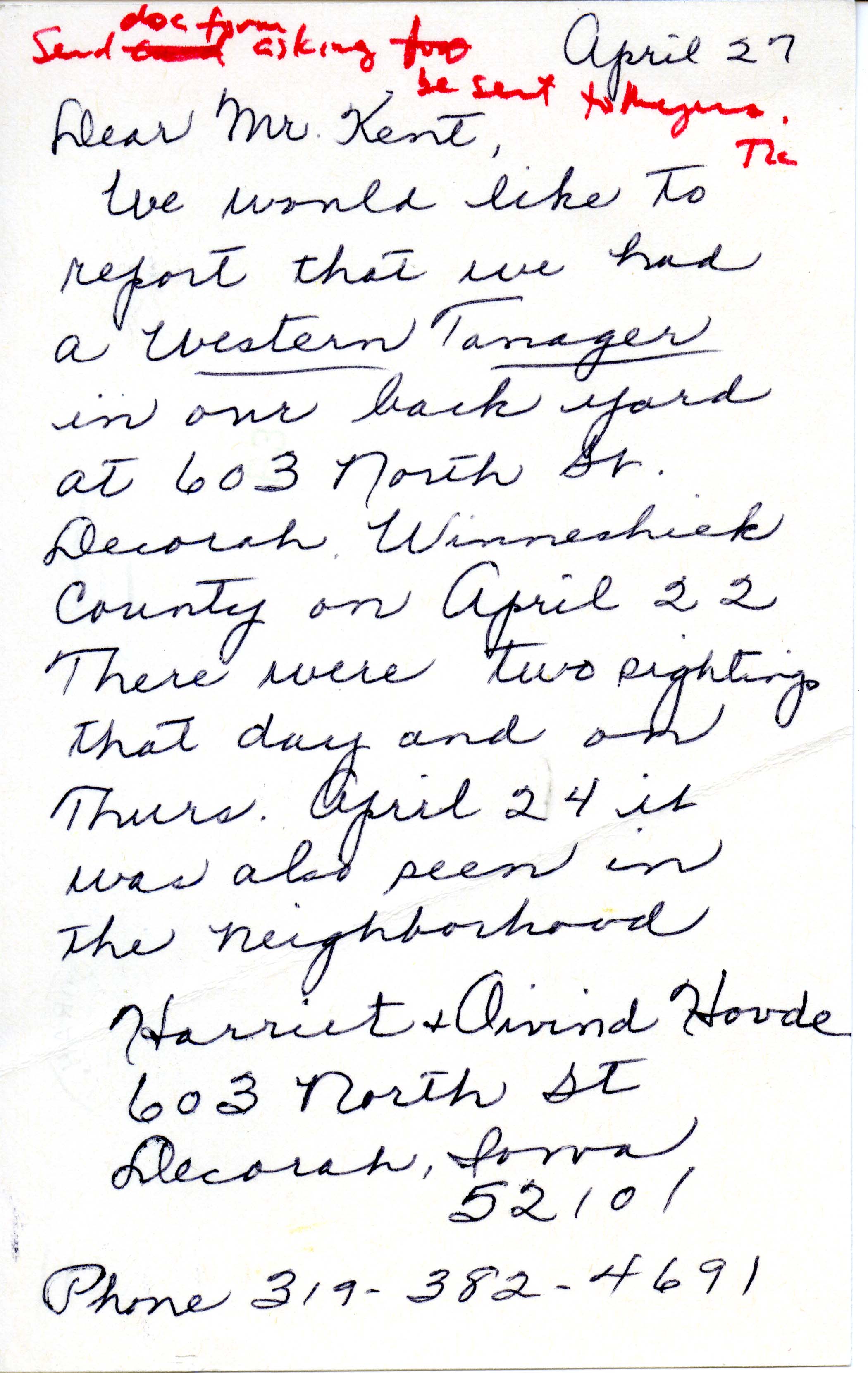 Harriet and Oivind Hovde letter to Thomas Kent regarding Western Tanager, April 27, 1986