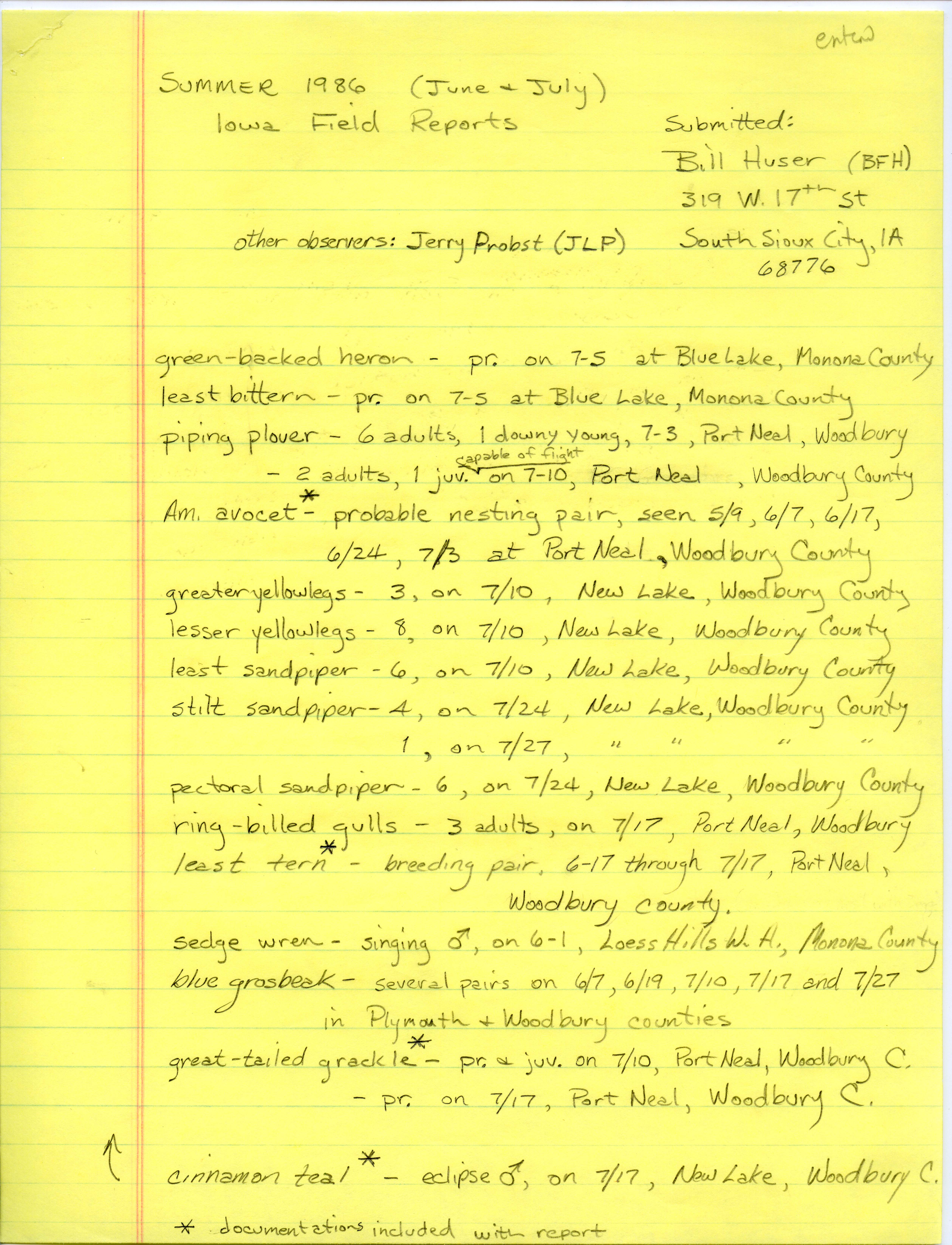 Field notes contributed by Bill F. Huser, summer 1986