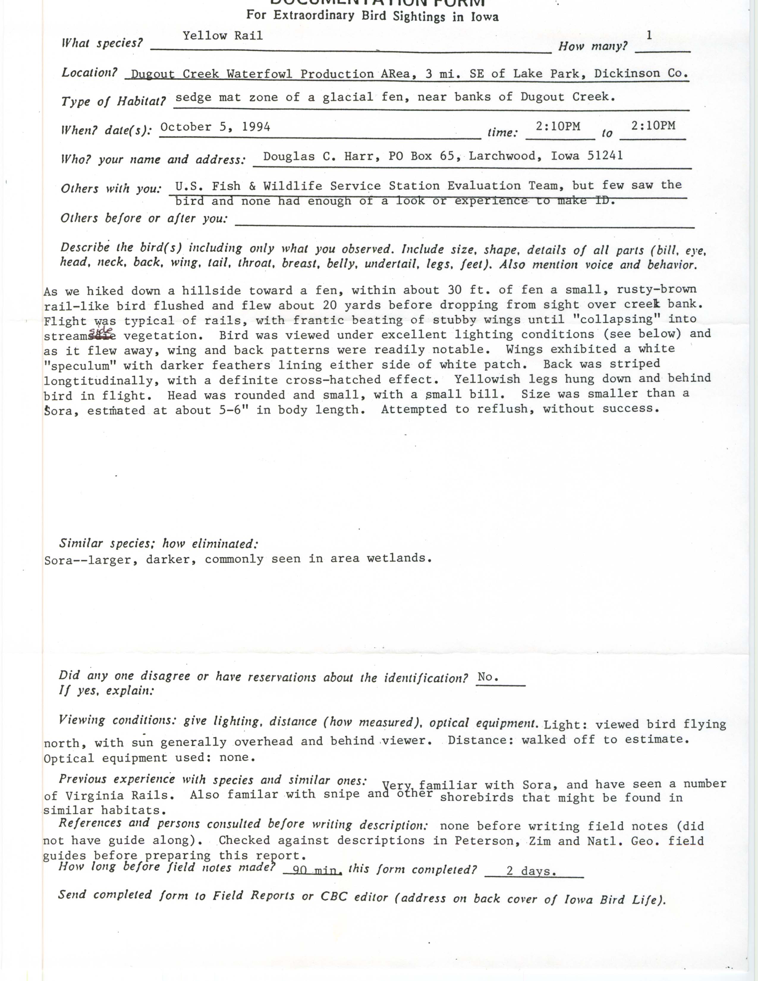 Rare bird documentation form for Yellow Rail at Dugout Creek Waterfowl Production Area, 1994