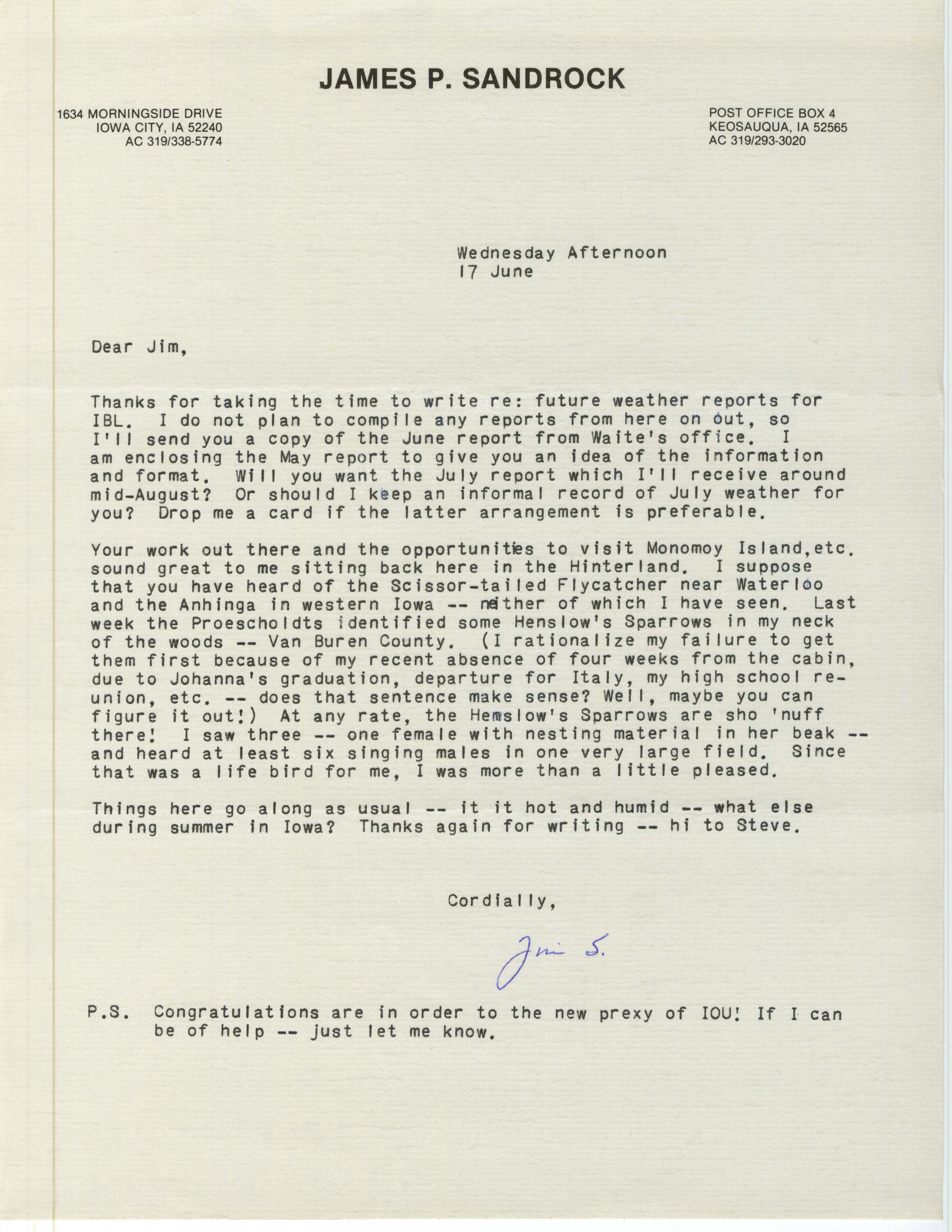 James P. Sandrock letter to James J. Dinsmore regarding weather reports for Iowa Bird Life, June 17, 1987
