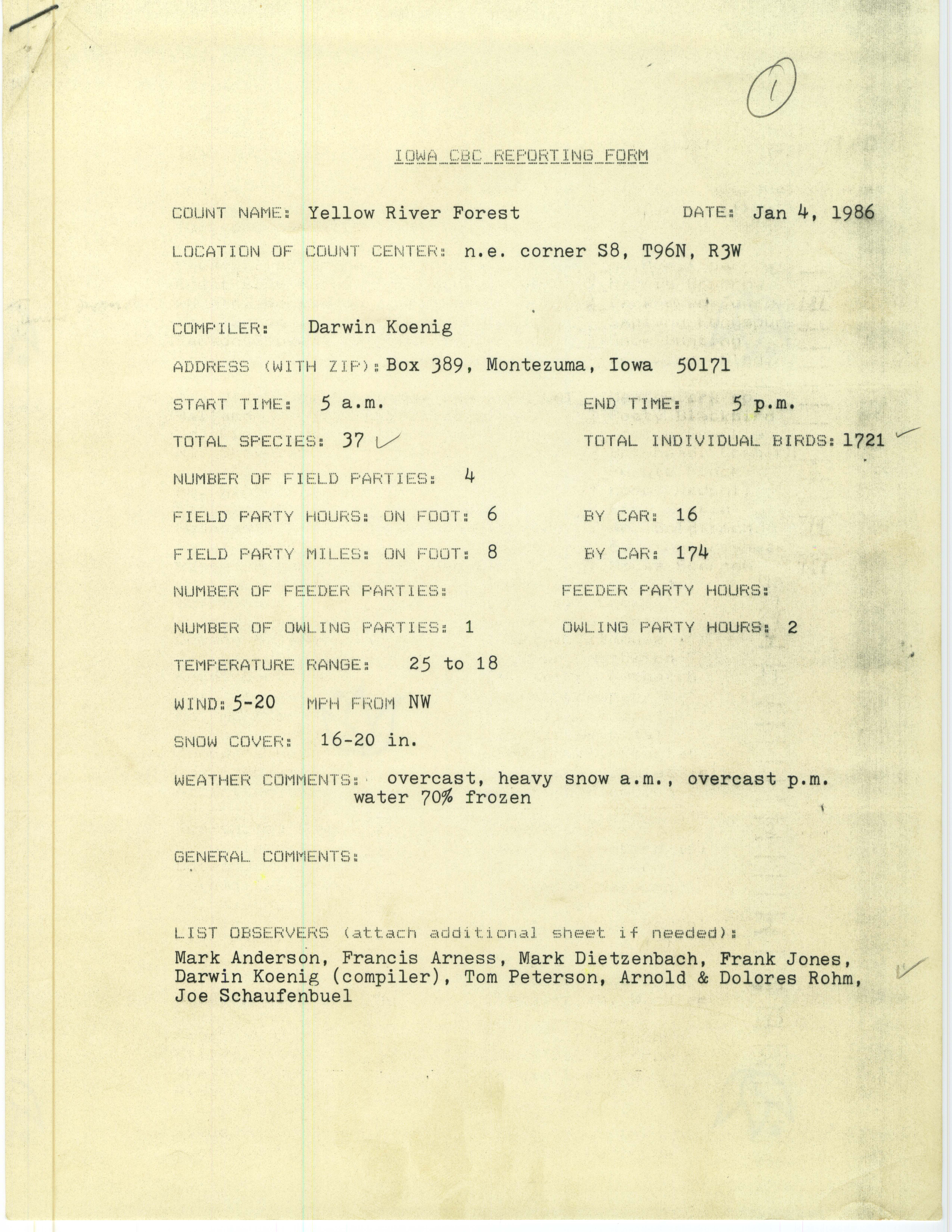 Iowa CBC reporting form, Yellow River Forest, January 4, 1986