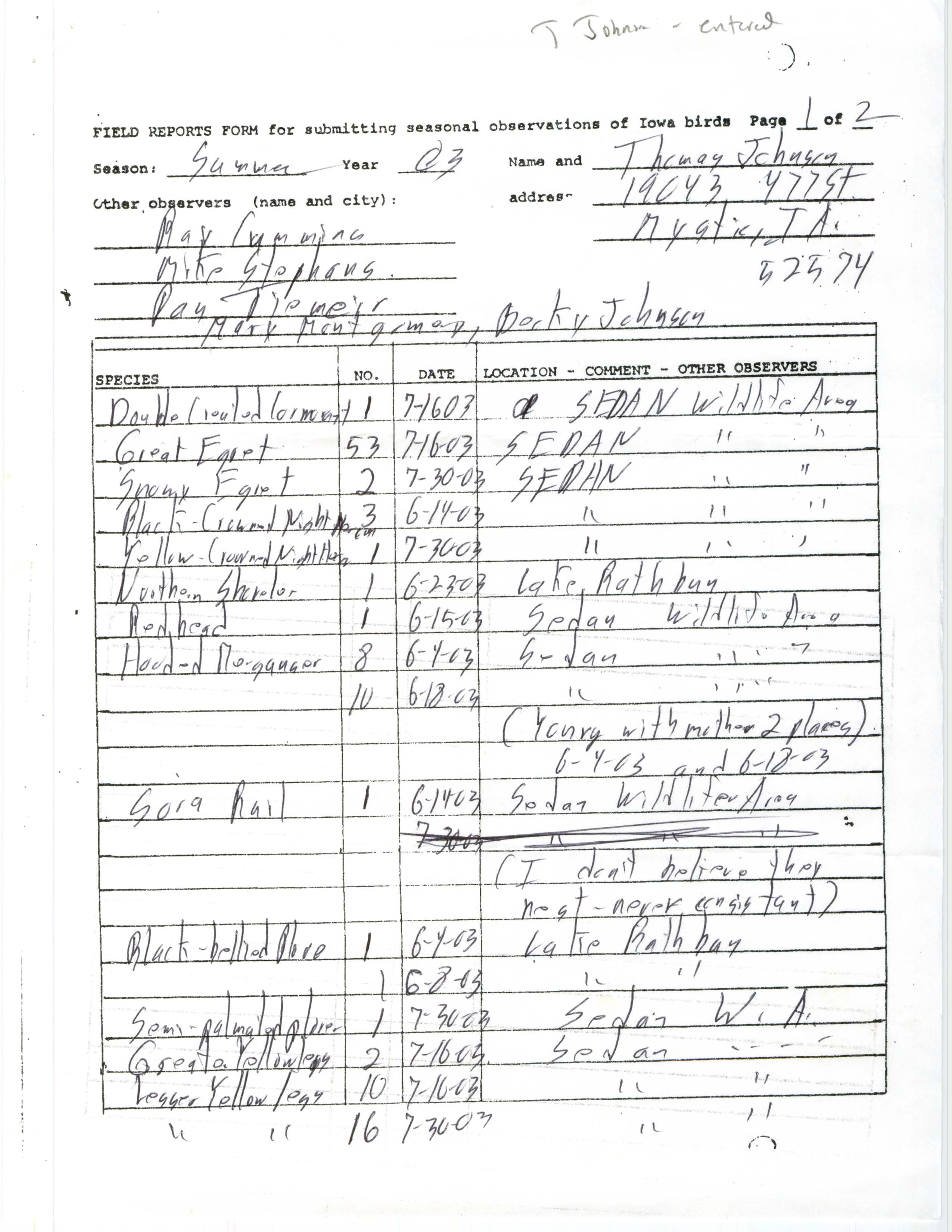 Field reports form for submitting seasonal observations of Iowa birds, Thomas N. Johnson, summer 2003
