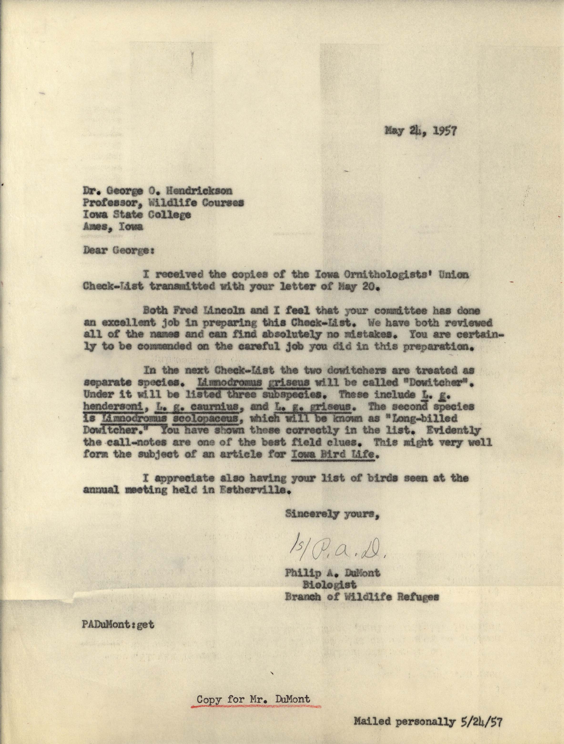 Philip DuMont letter to George Hendrickson regarding the revised Iowa Ornithologists' Union Check-list, May 24, 1957