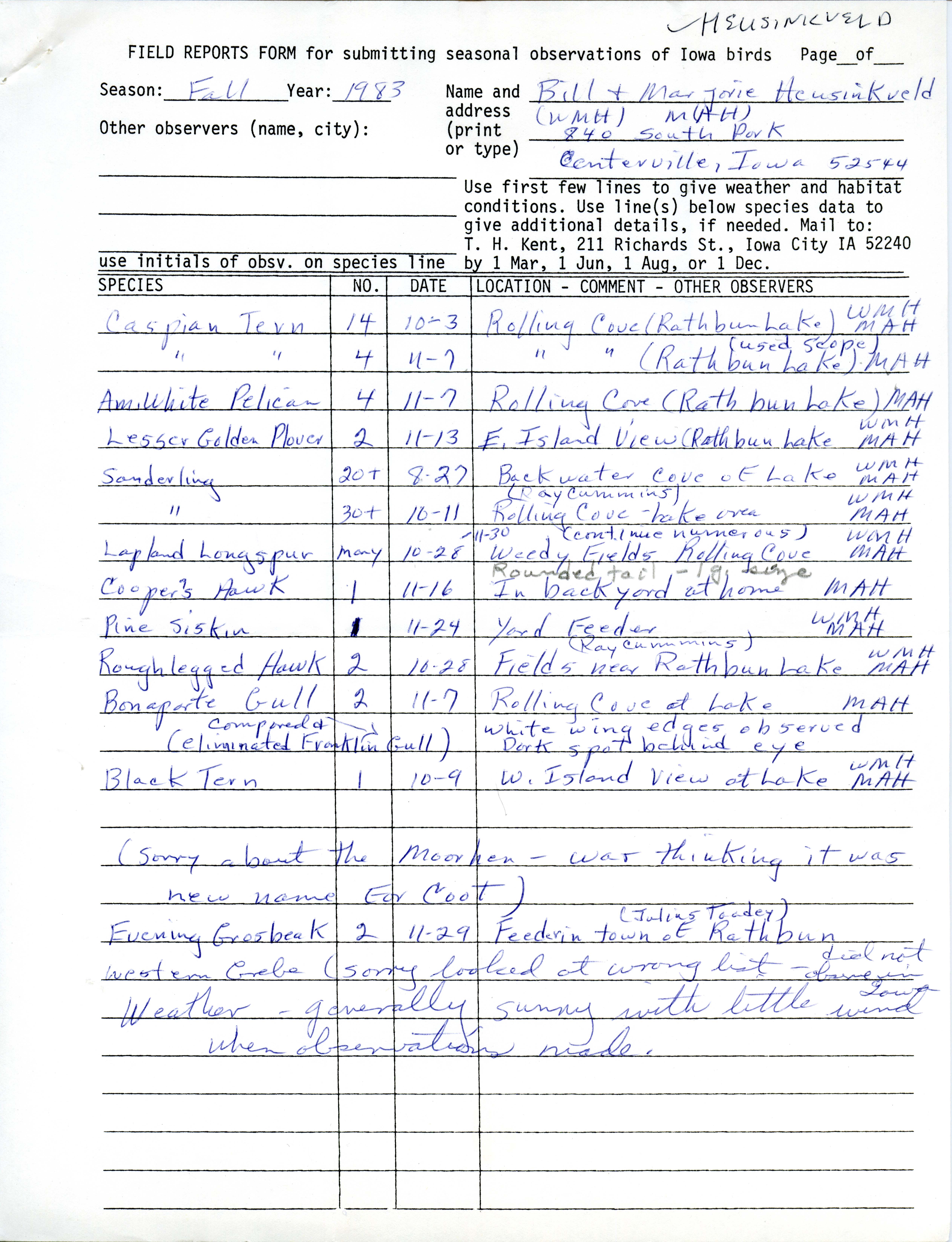 Field reports form for submitting seasonal observations of Iowa birds, Bill and Marjorie Heusinkveld, fall 1983
