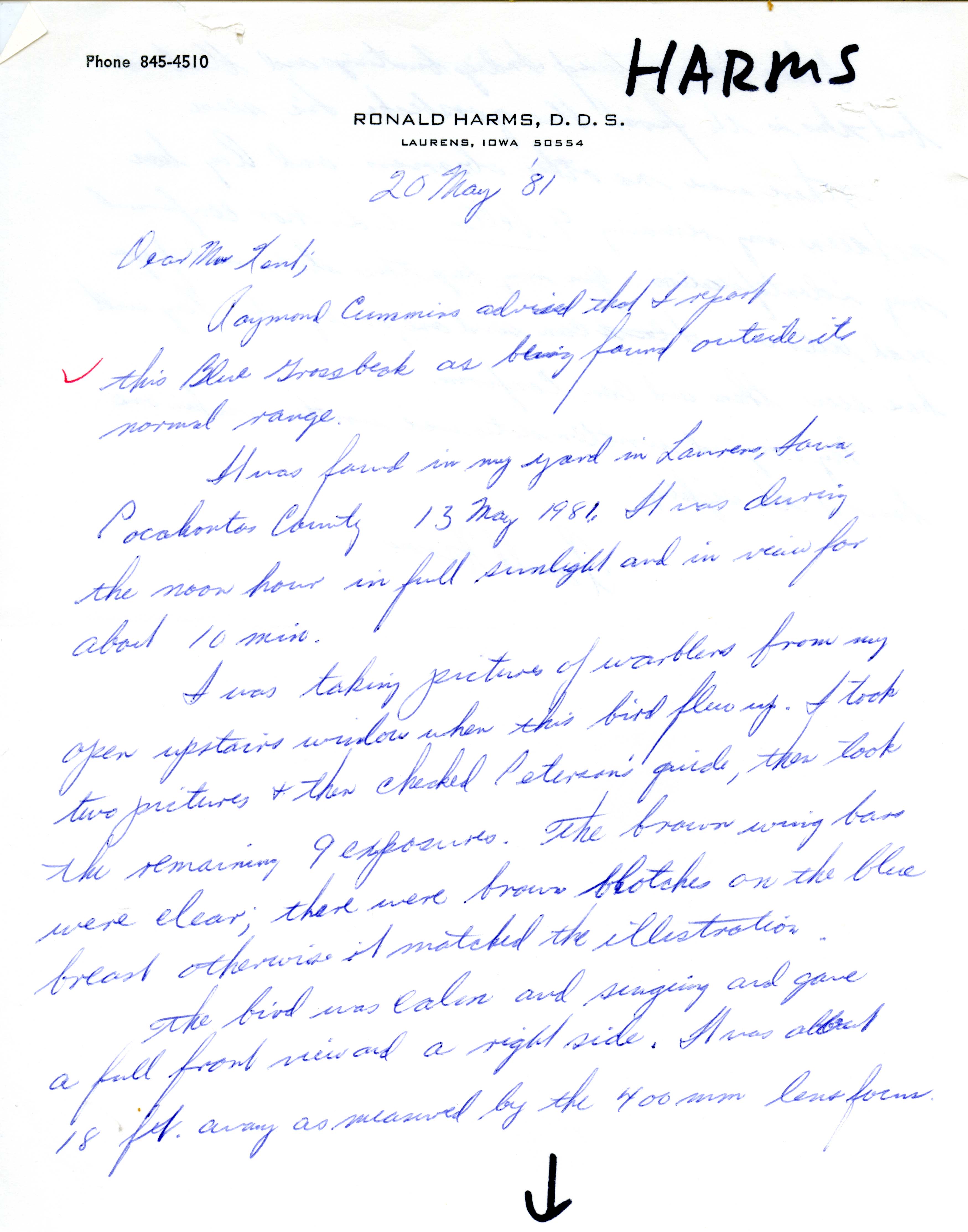 Ronald Harms letter to Thomas Kent regarding a Blue Grosbeak sighting, May 20, 1981