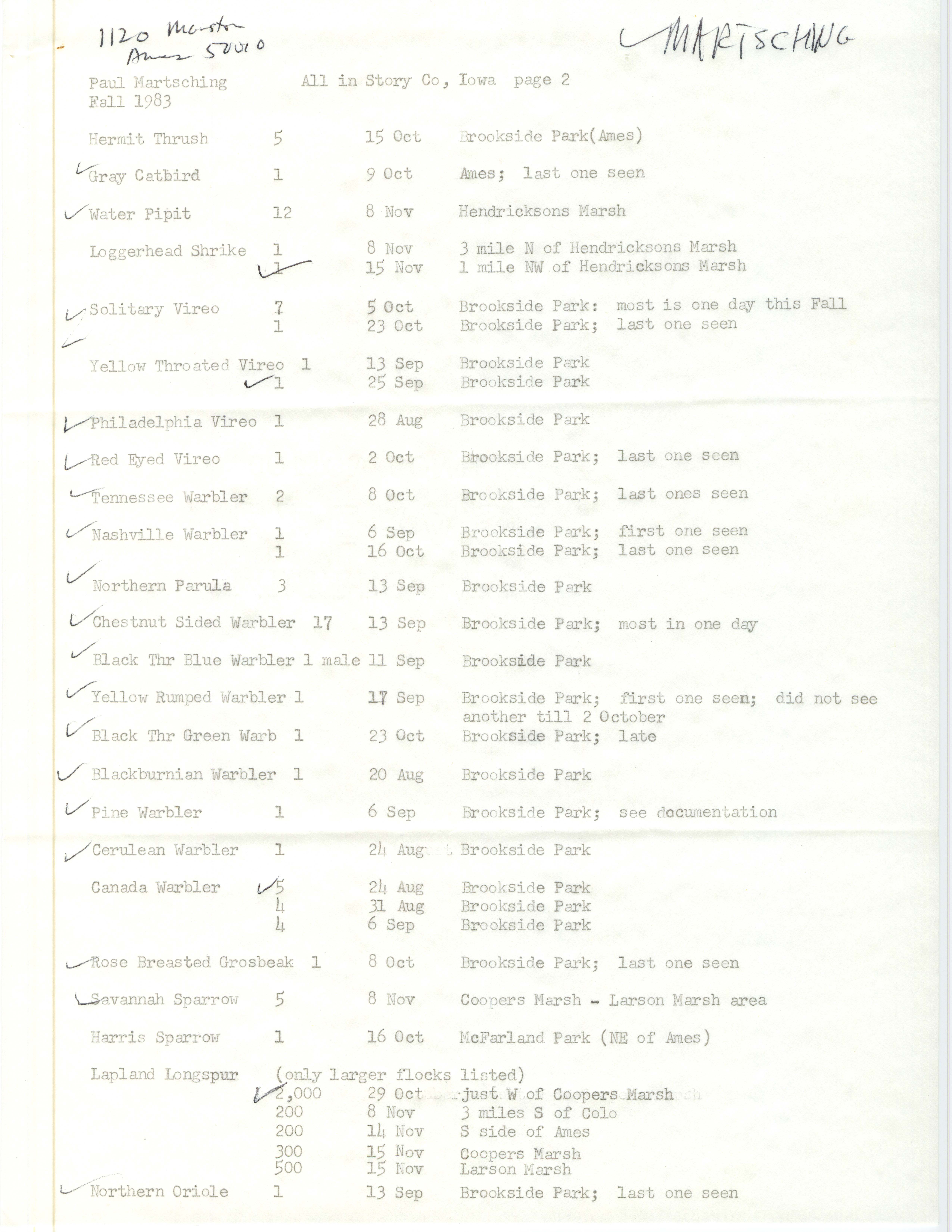Annotated bird sighting list for fall 1983 compiled by Paul Martsching