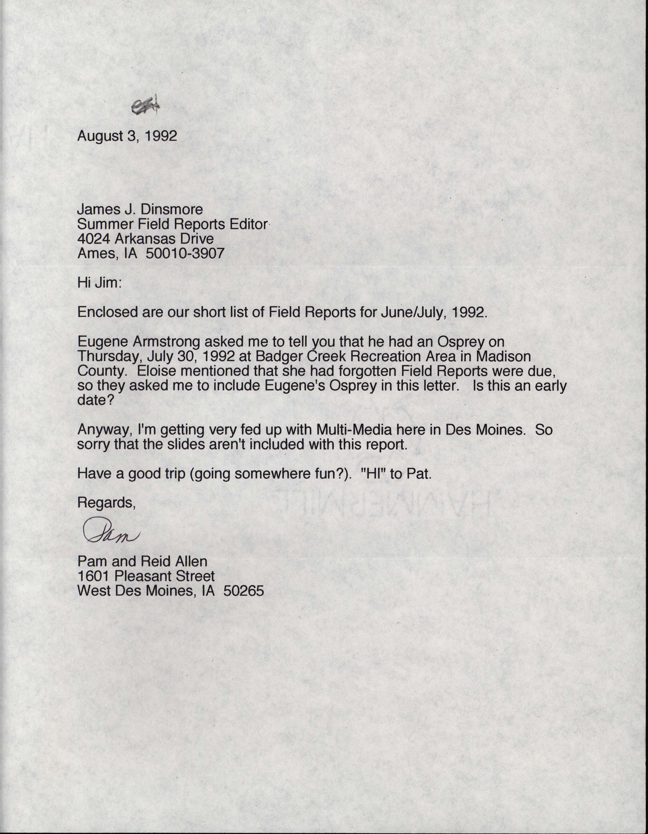 Pam Allen and Reid I. Allen letter to James J. Dinsmore regarding summer bird sightings, August 3, 1992