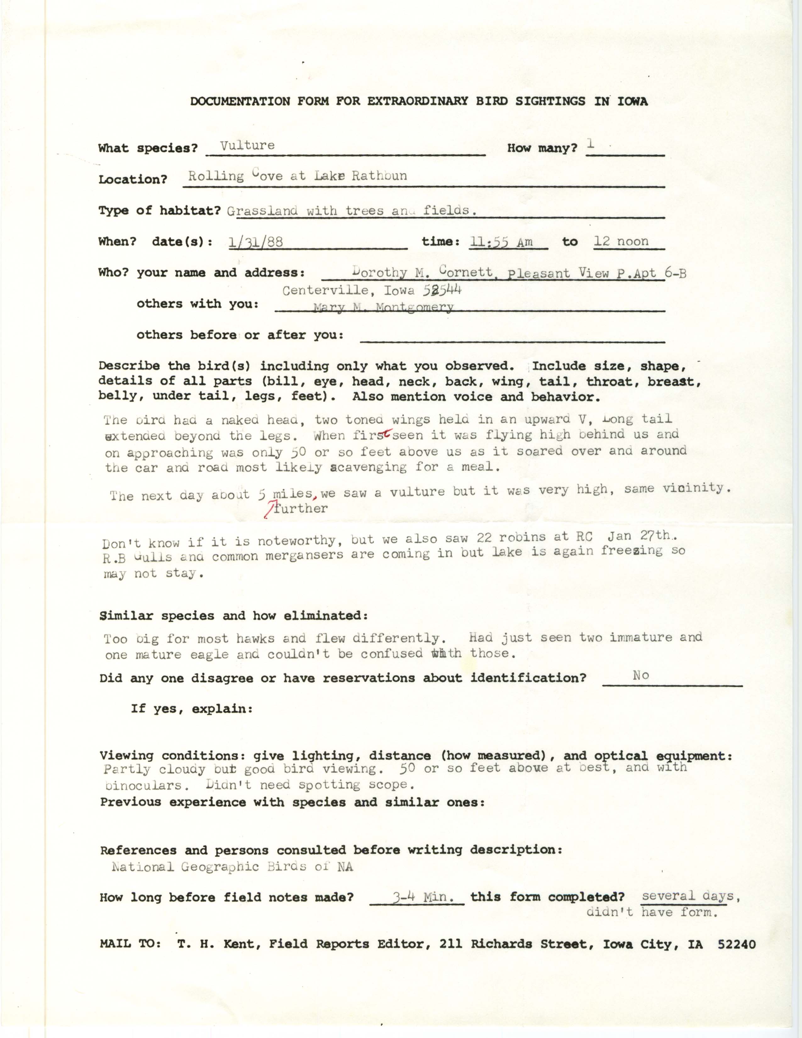 Rare bird documentation form for Turkey Vulture at Rolling Cove, 1988