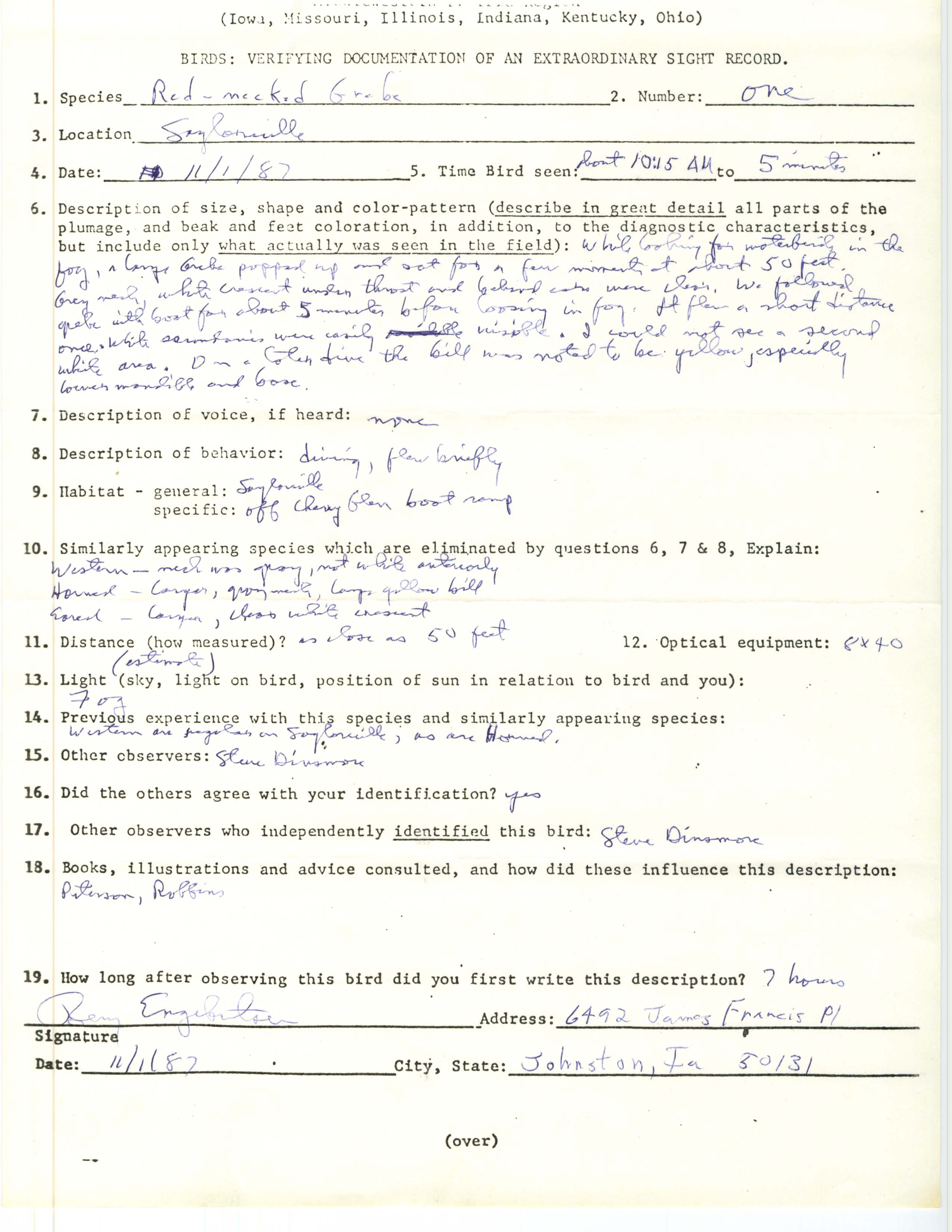 Birds: verifying documentation of an extraordinary sight record for Red-Necked Grebe, November 1, 1987