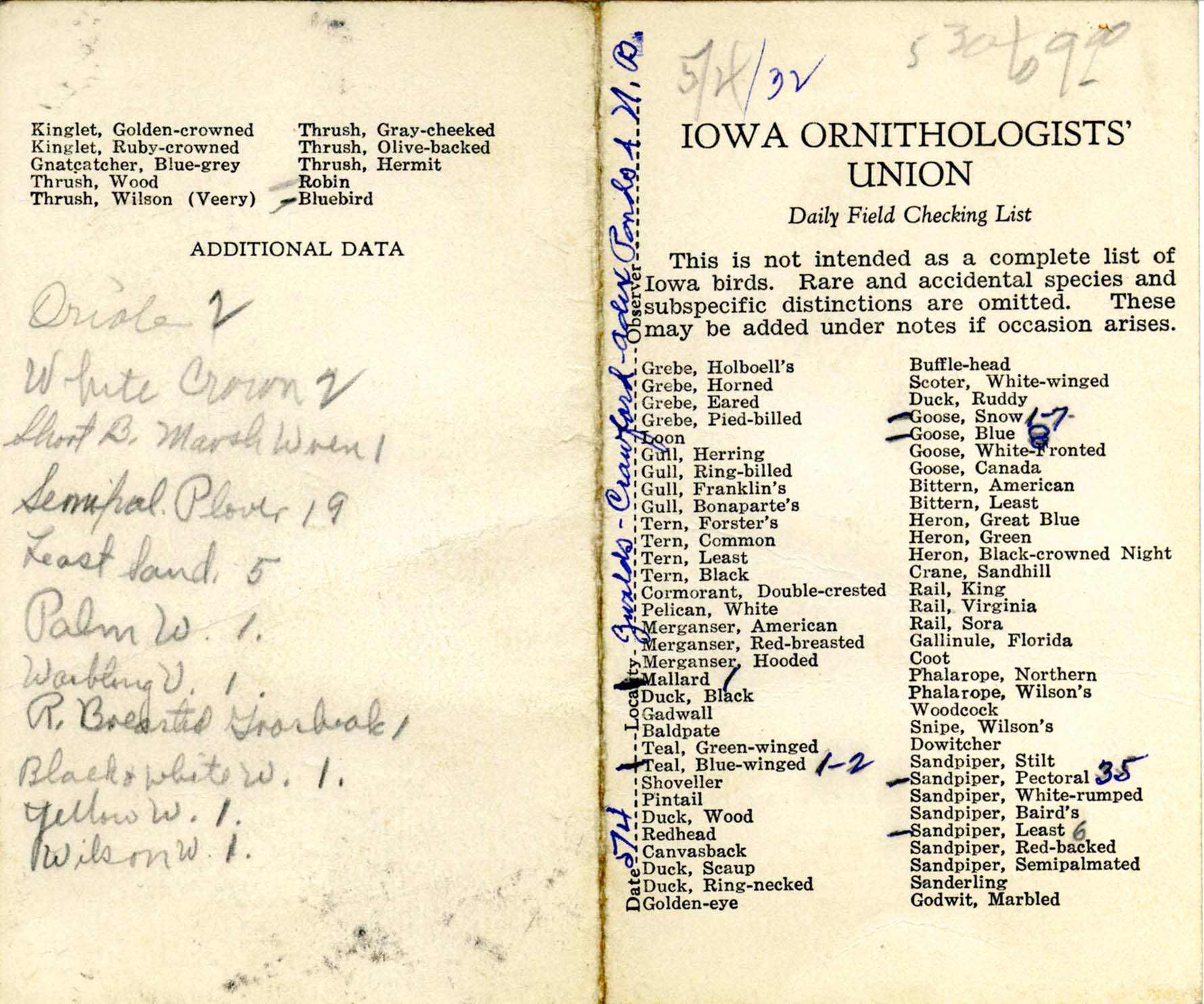 Daily field checking list, Walter Rosene, May 4, 1932