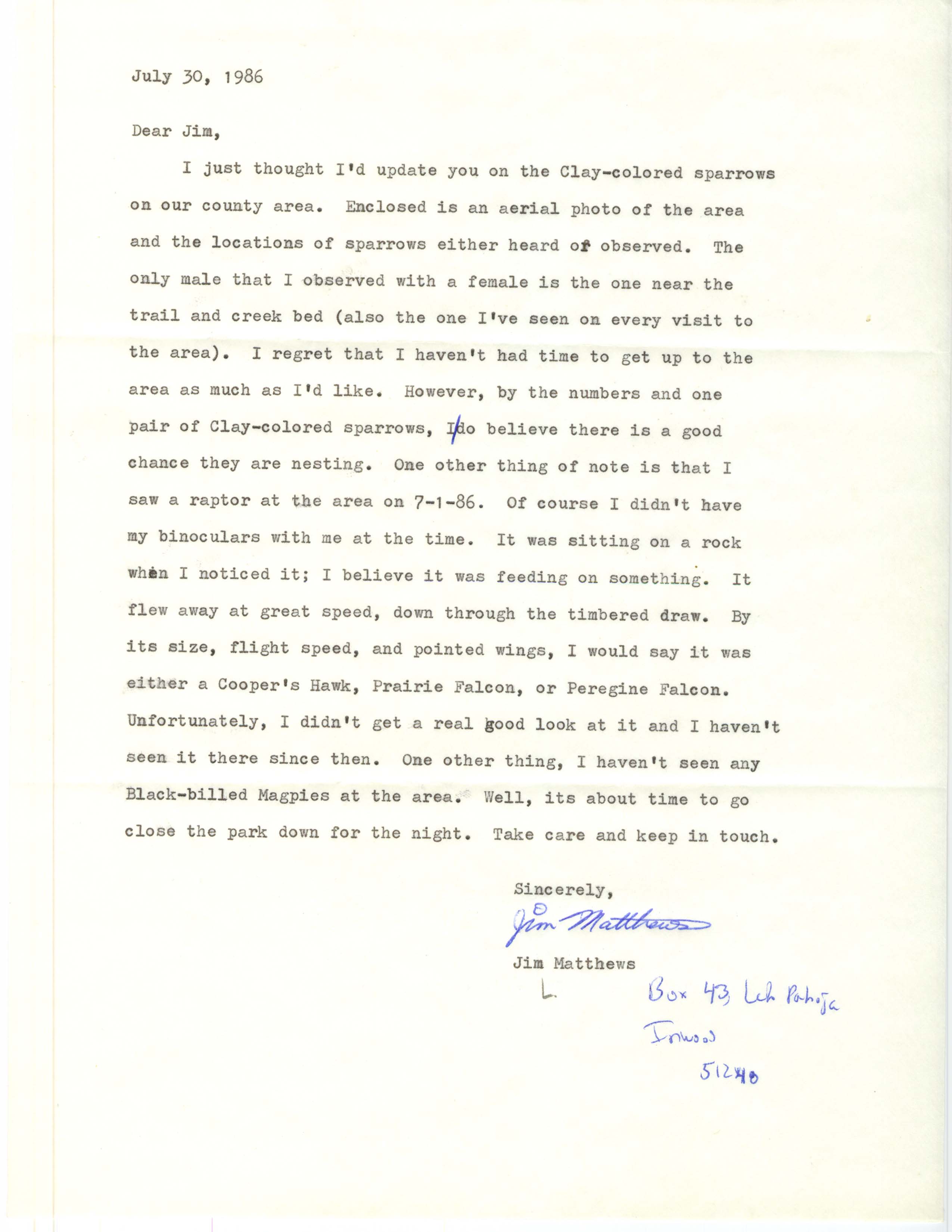 Jim Matthews letter to Jim Dinsmore regarding Clay-colored Sparrow sightings in Lyon County, July 30, 1986