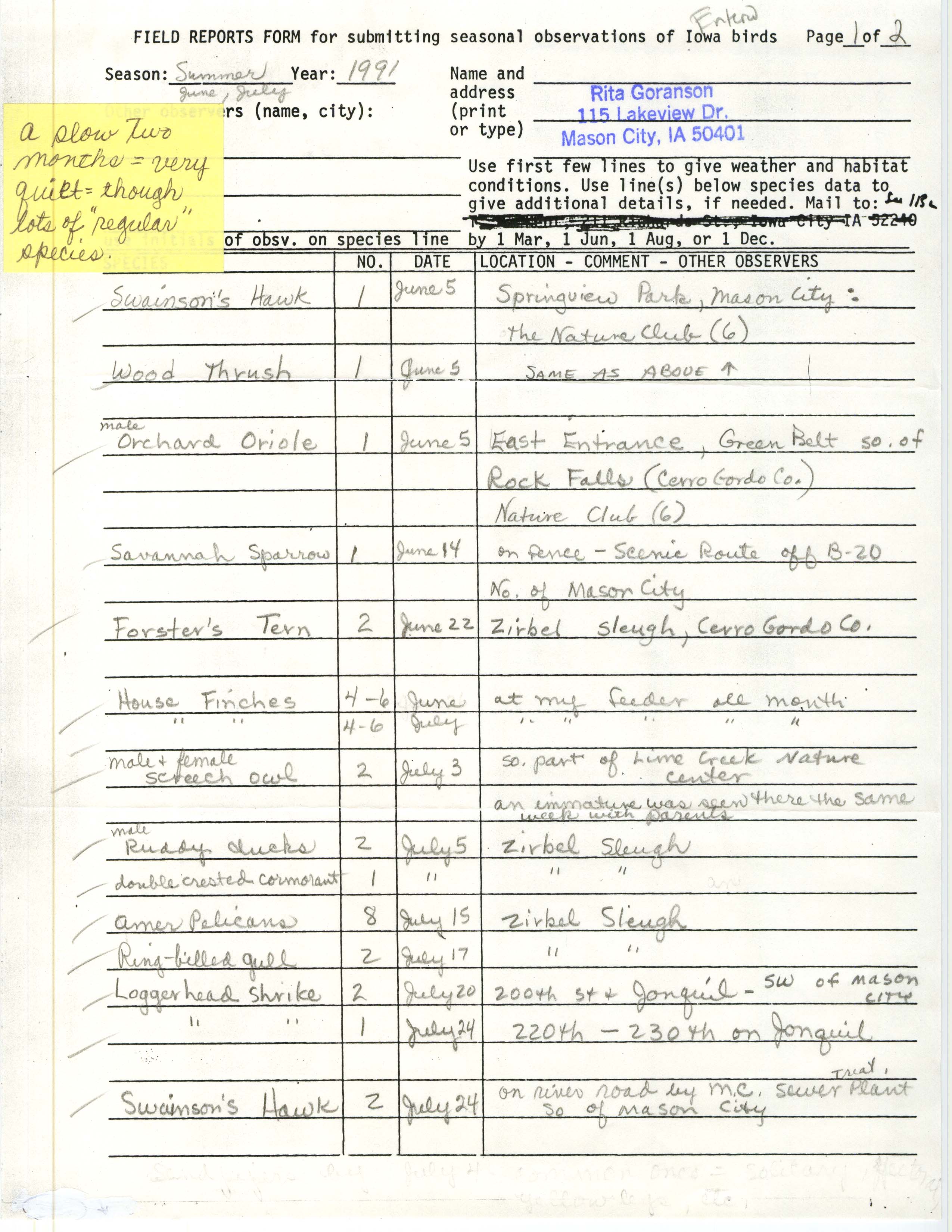 Field reports form for submitting seasonal observations of Iowa birds, Rita Goranson, summer 1991