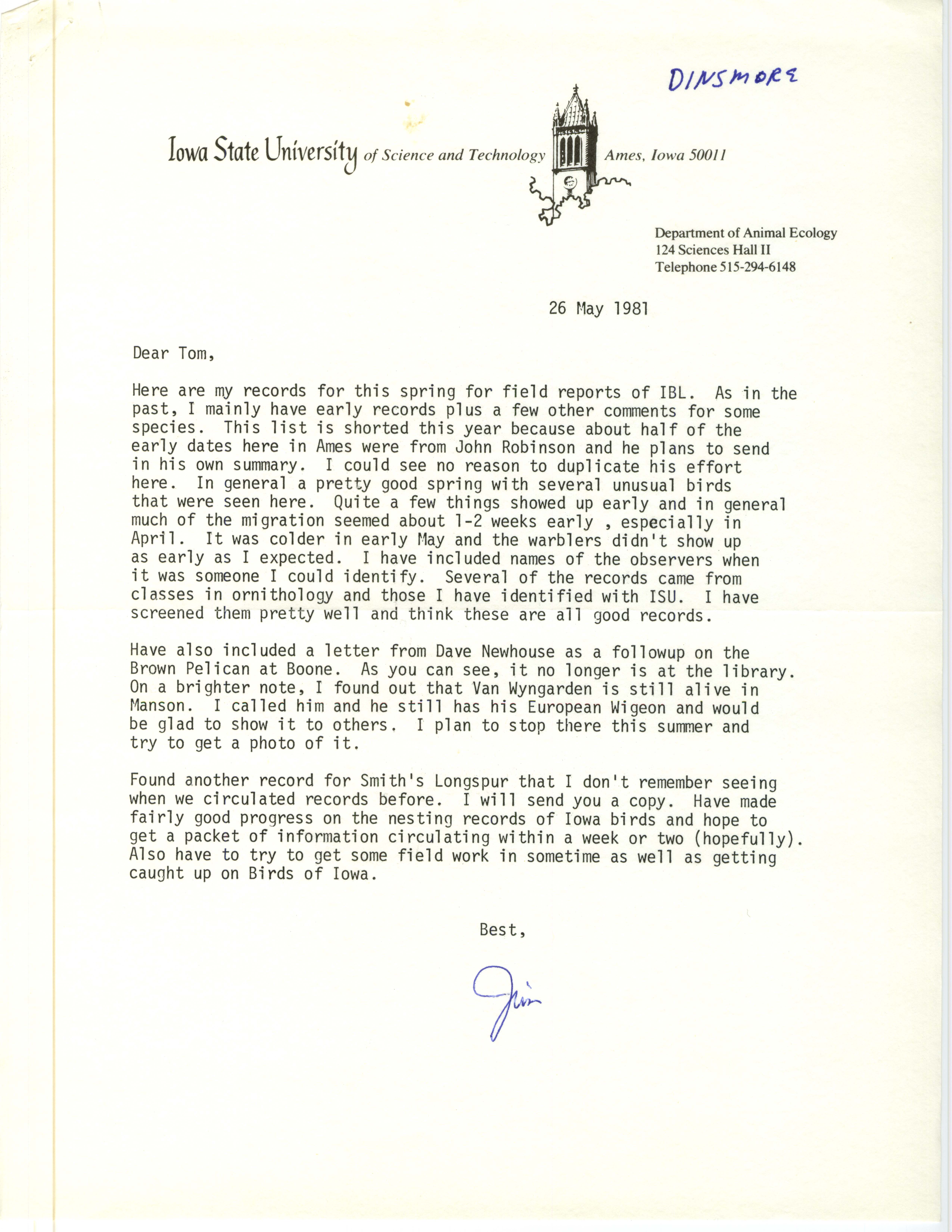 Jim Dinsmore letter to Thomas Kent regarding spring field reports, May 26, 1981