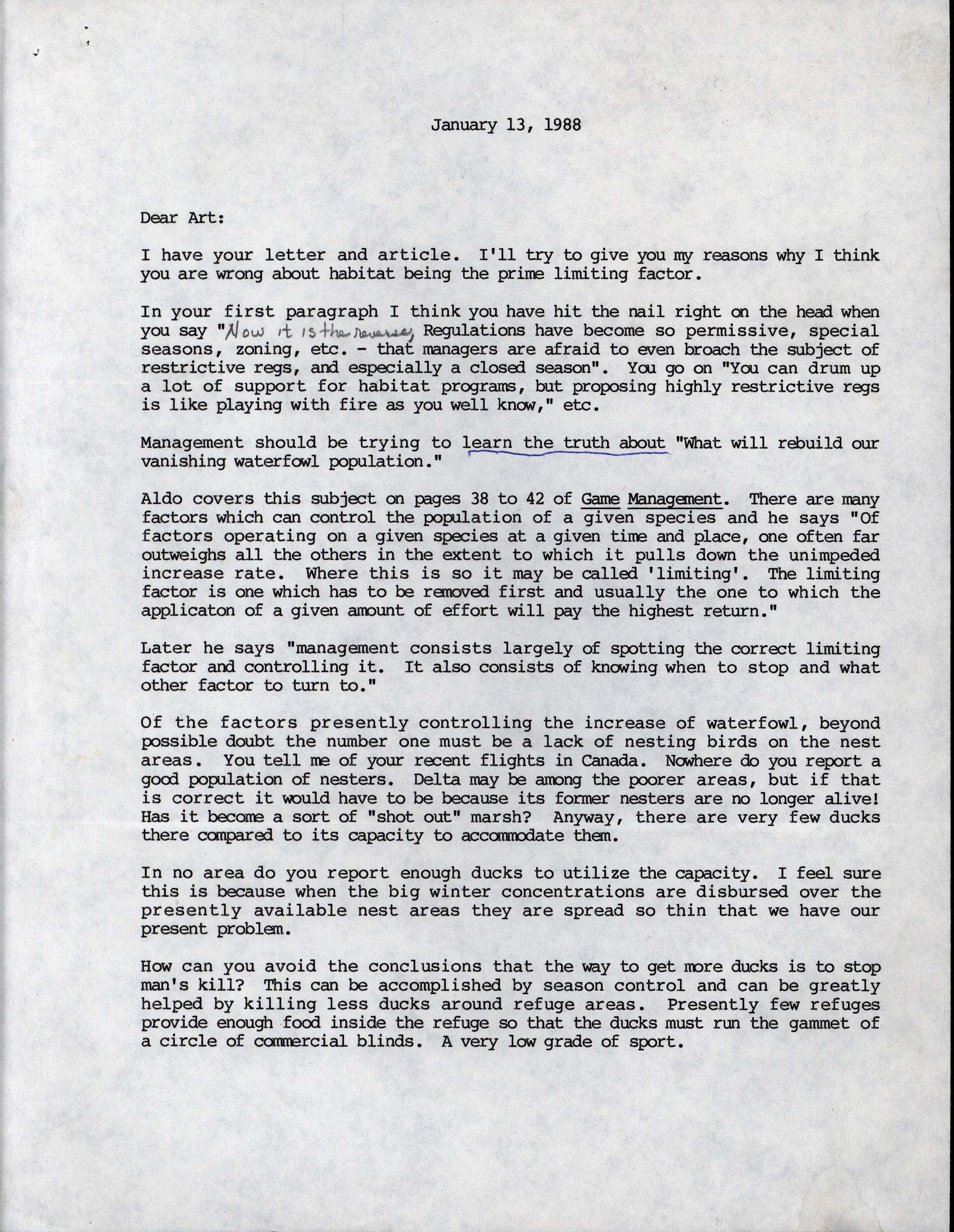Frederic Leopold letter to A.S. Hawkins regarding hunting and the effect on duck populations, January 13, 1988