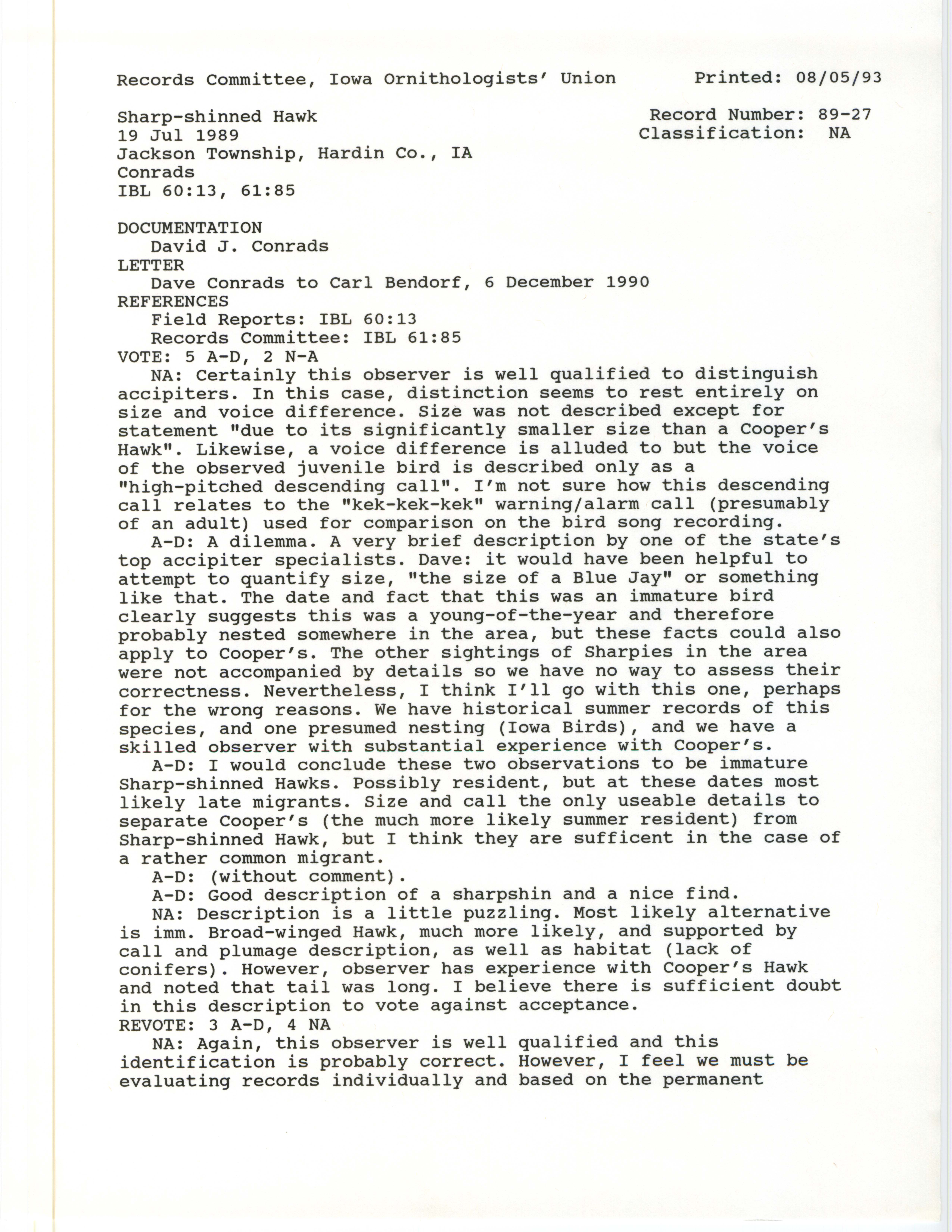 Records Committee review for rare bird sighting of Sharp-shinned Hawk at Jackson Township, 1989