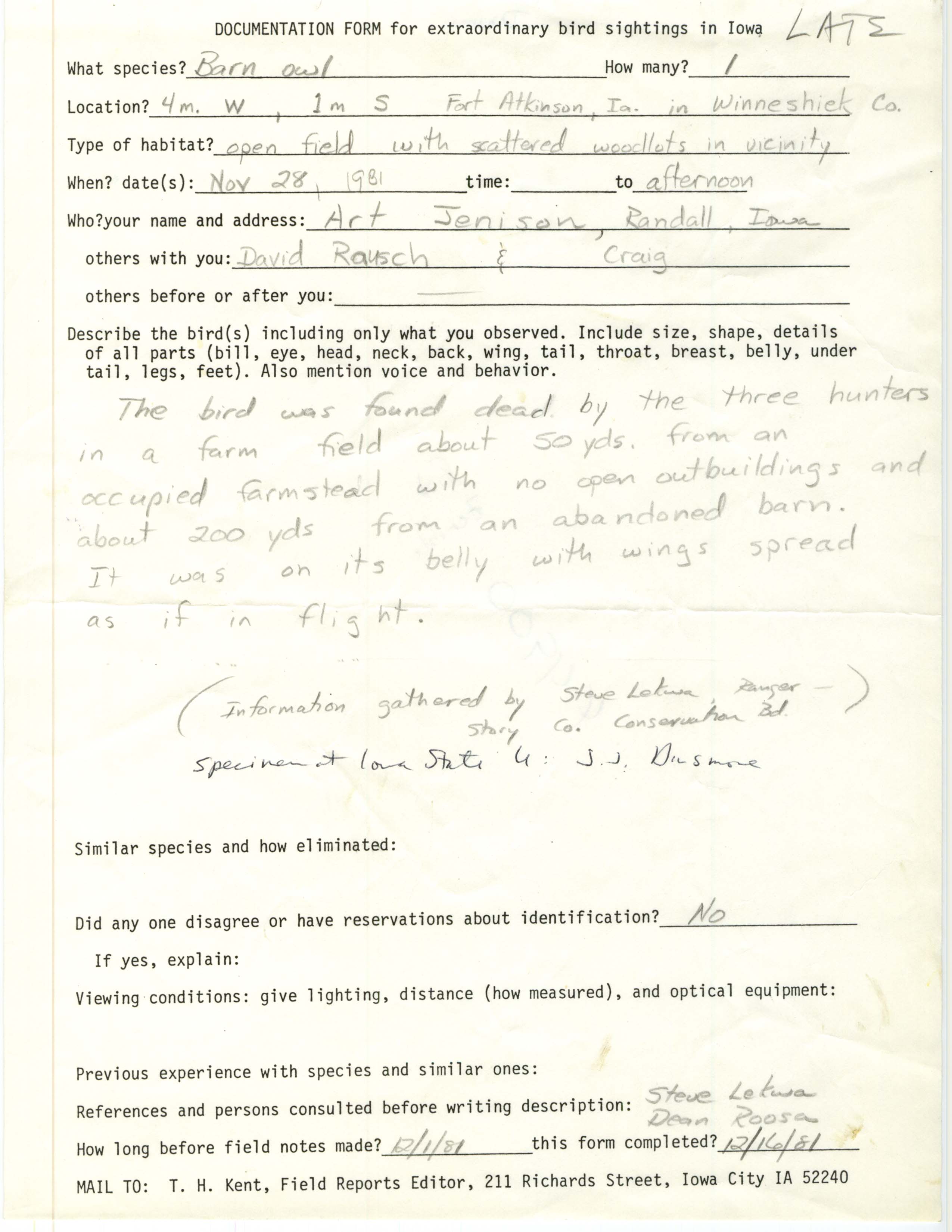 Rare bird documentation form for Barn Owl near Fort Atkinson in 1981