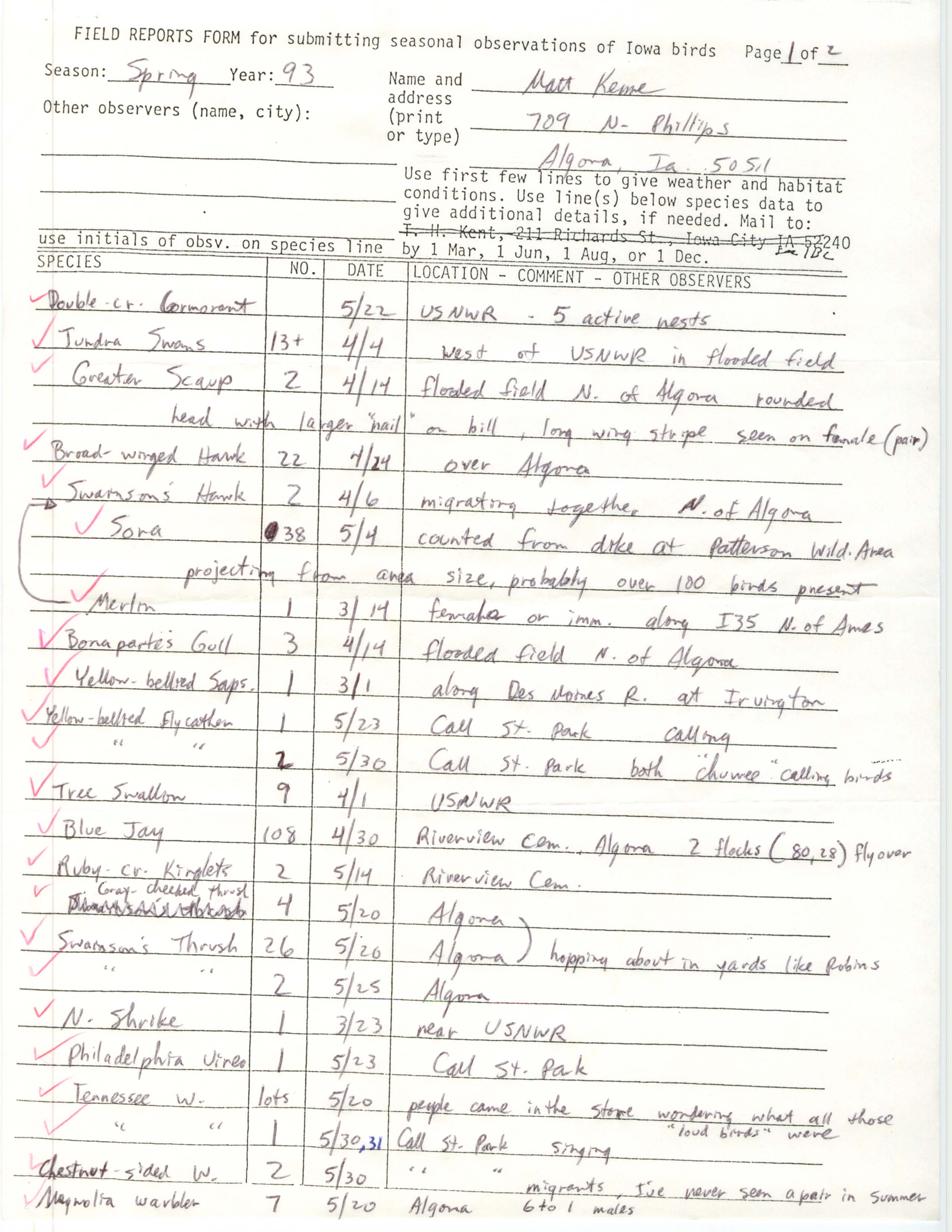 Field reports form for submitting seasonal observations of Iowa birds, Matt Kenne, Spring 1993