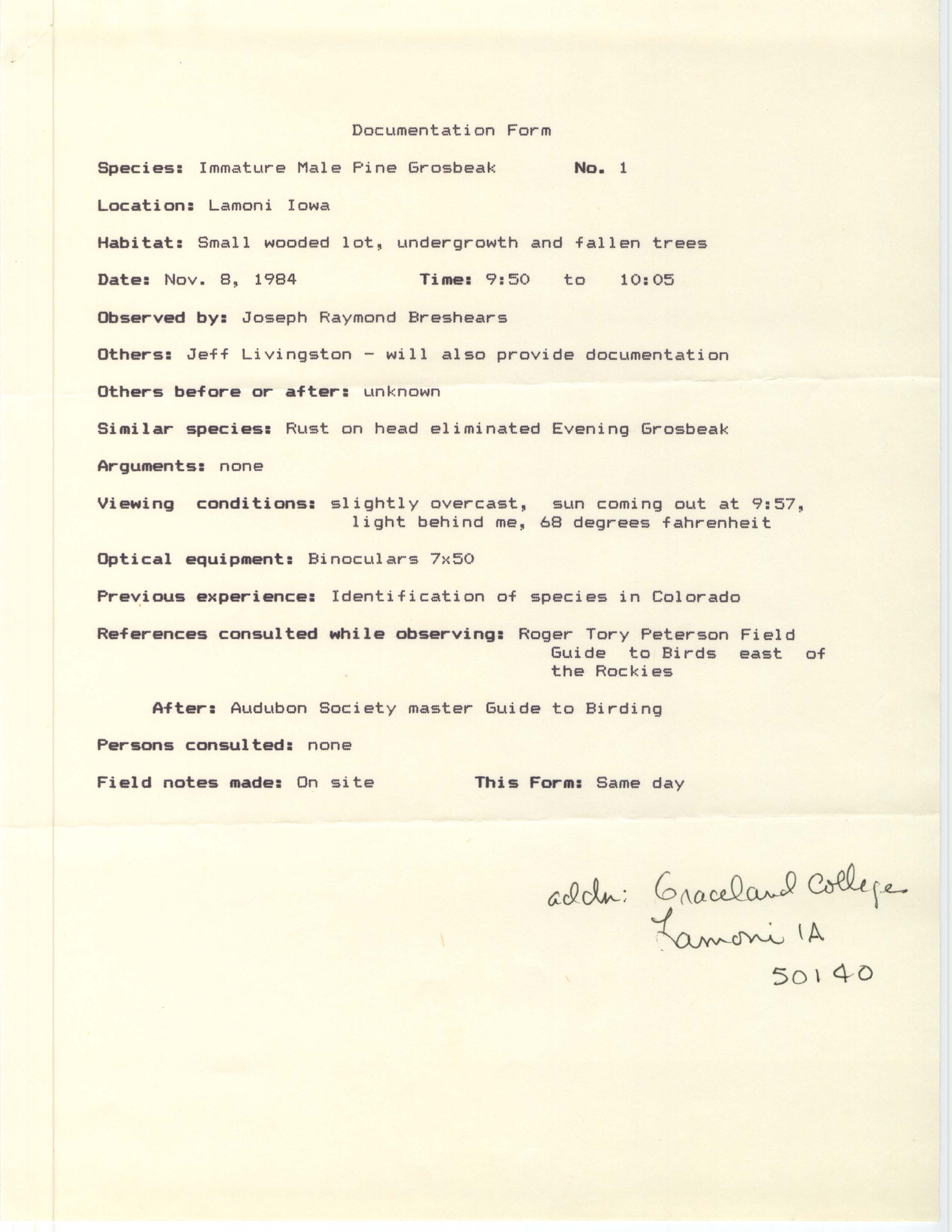 Rare bird documentation form for Pine Grosbeak at Lamoni in 1984