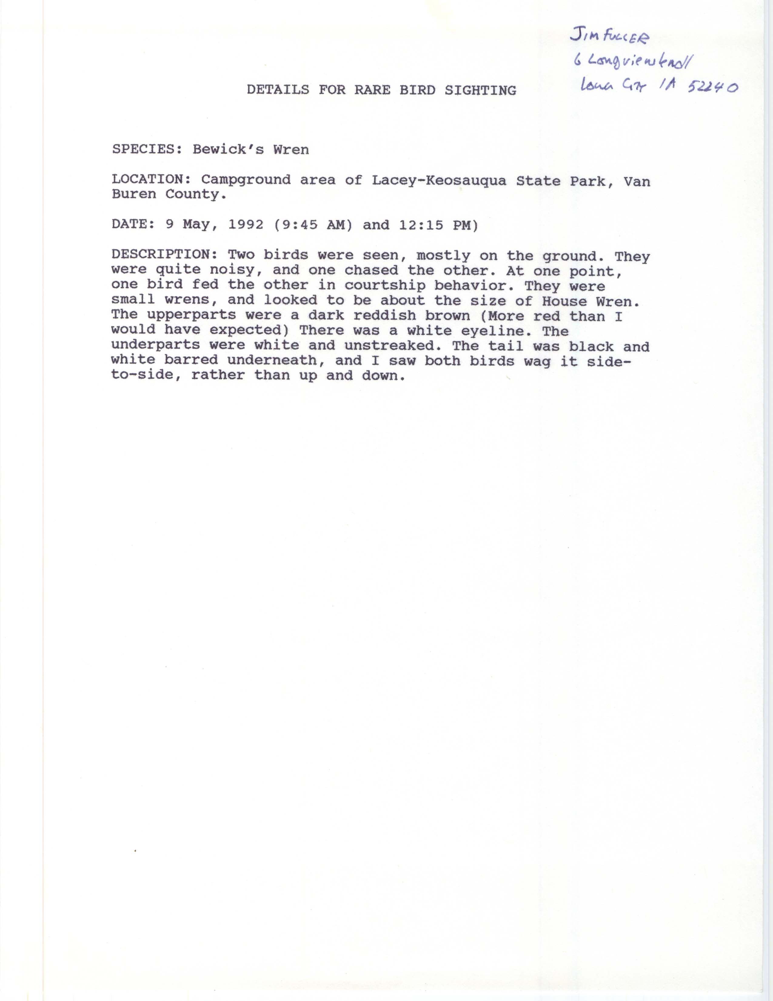 Rare bird documentation form for Bewick's Wren at Lacey-Keosauqua State Park in 1992