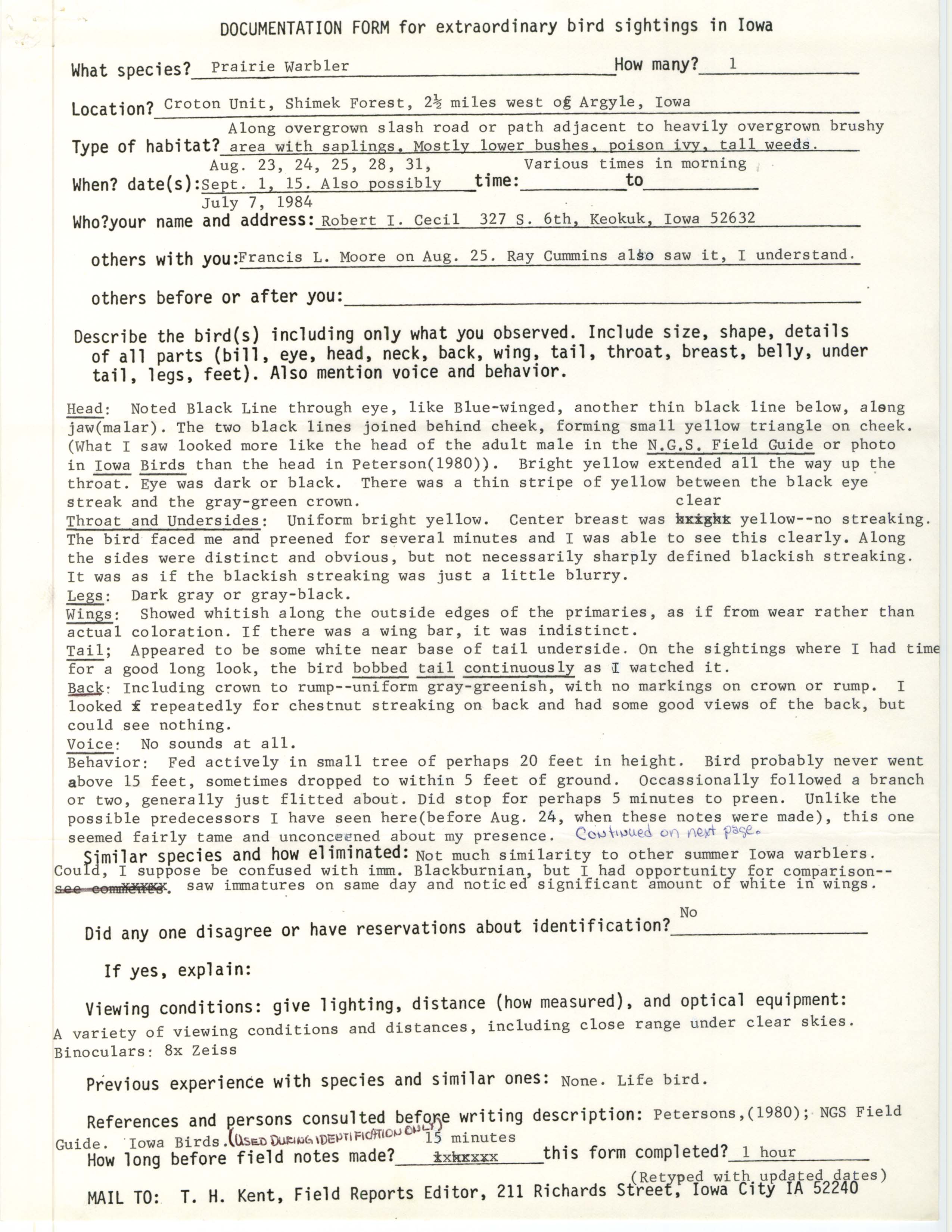 Rare bird documentation form for Prairie Warbler at the Croton Unit in Shimek State Forest in 1984