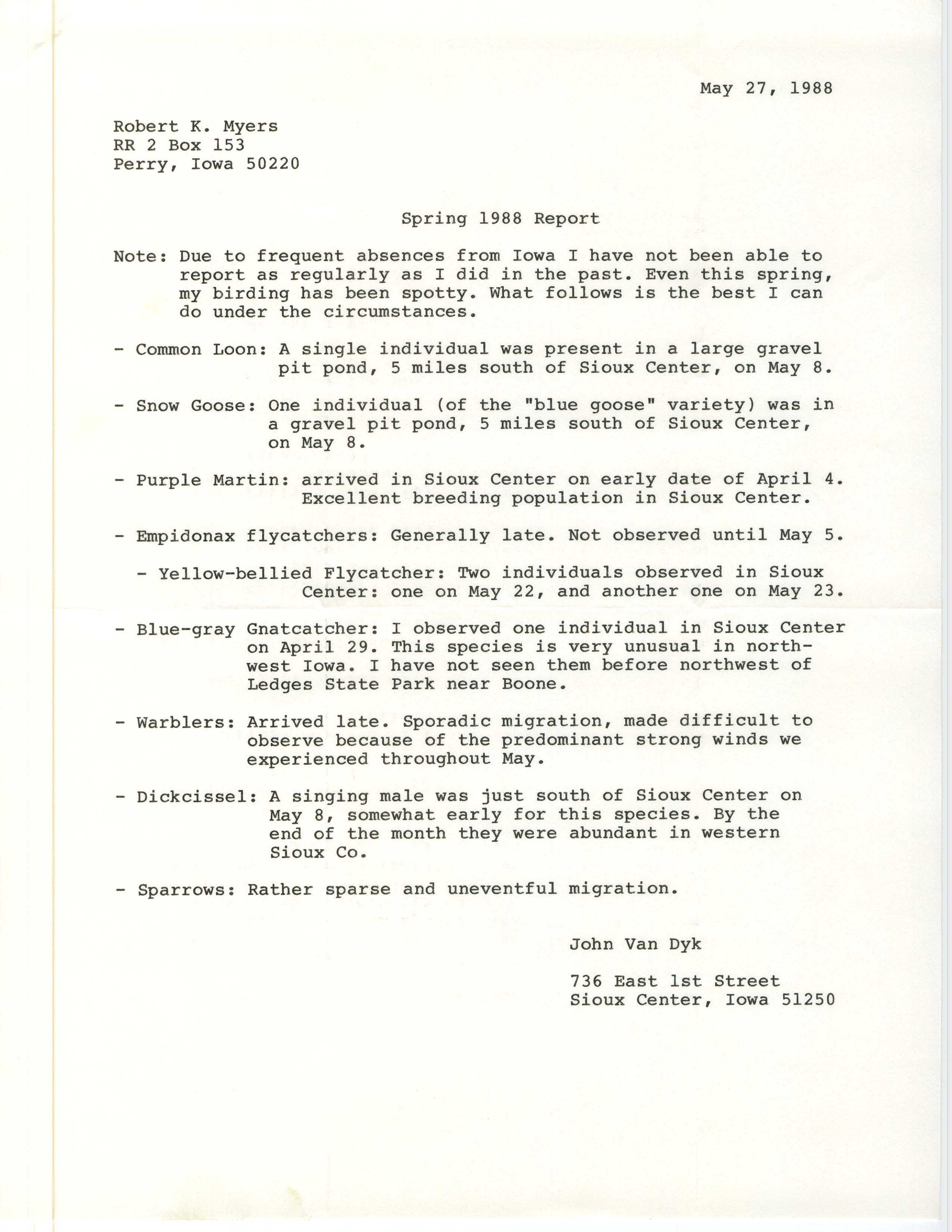 John Van Dyk letter to Robert K. Myers regarding bird sightings, May 27, 1988