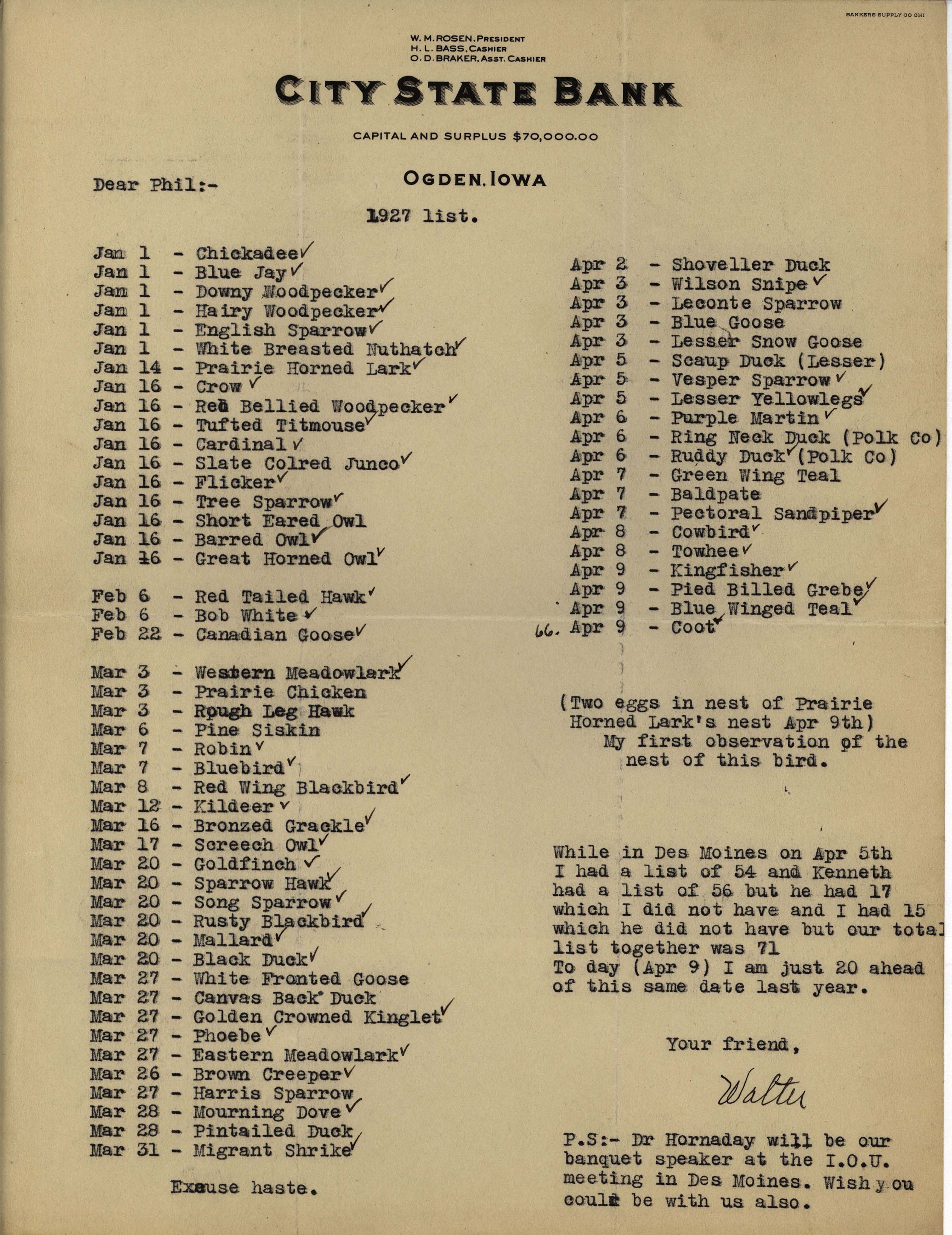 Walter Rosene letter to Philip DuMont regarding yearly bird sighting list, April 9, 1927