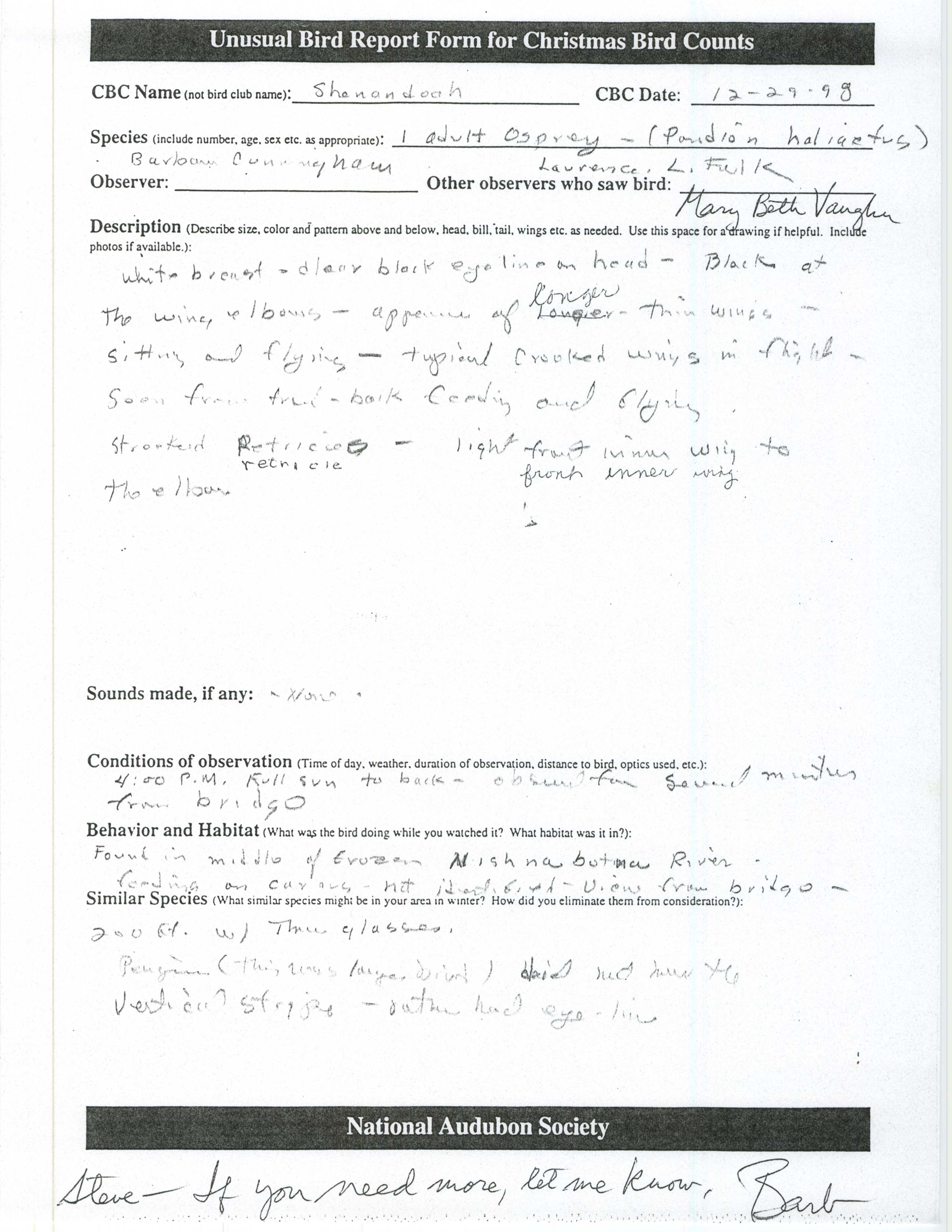 Unusual bird report form for an Osprey at Shenandoah, December 29, 1998
