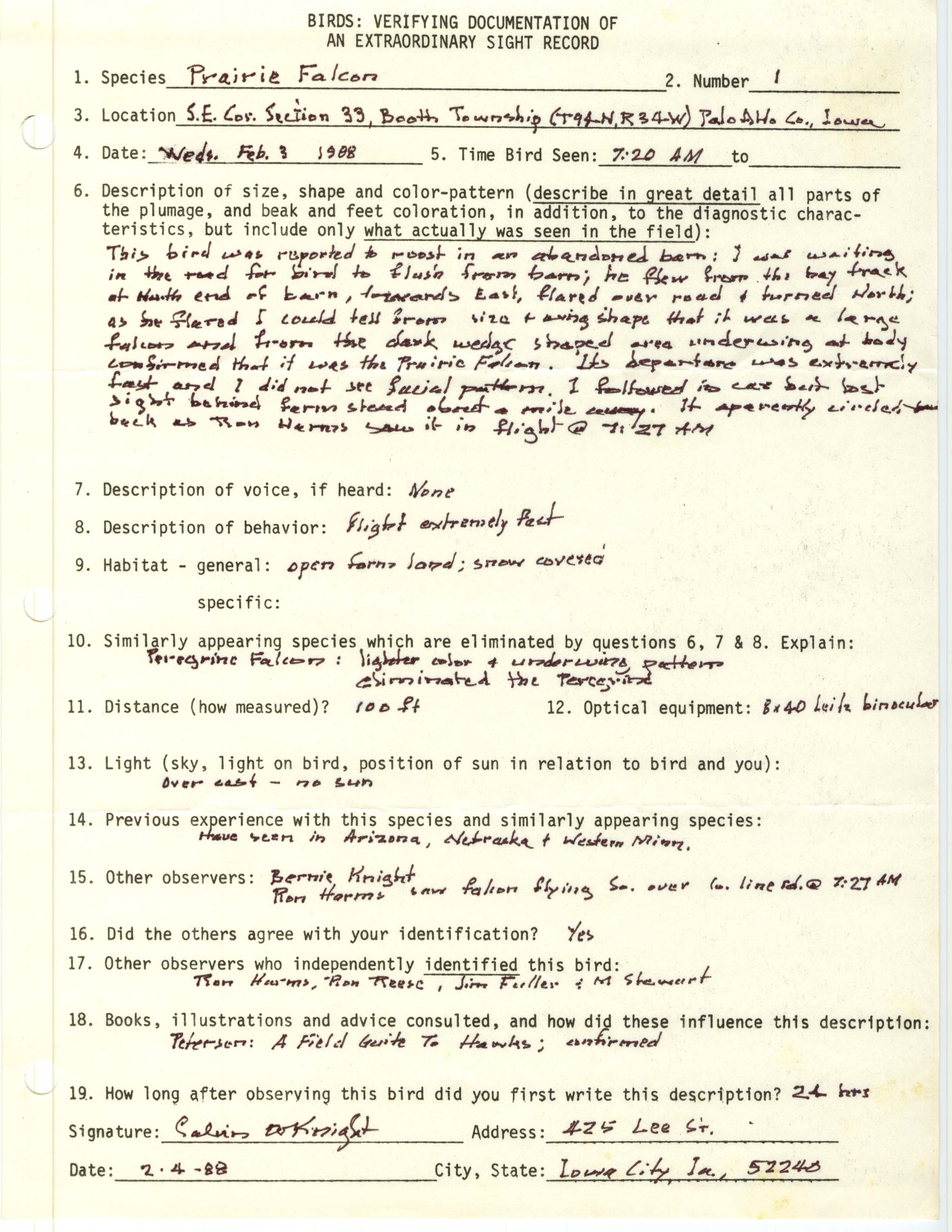 Rare bird documentation form for Prairie Falcon at Booth Township in Palo Alto County, 1988