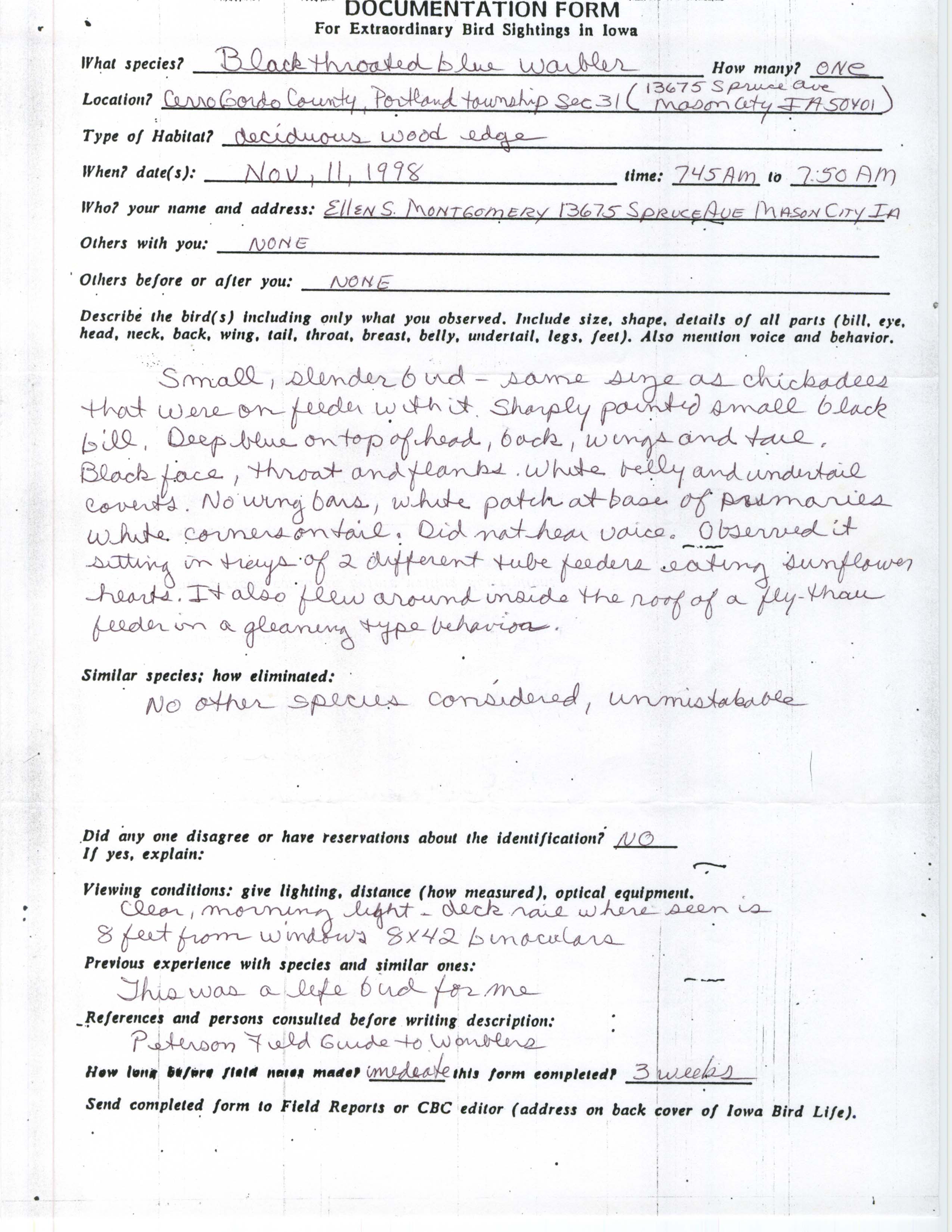 Rare bird documentation form for Black-throated Blue Warbler at Portland Township in Cerro Gordo County, 1998