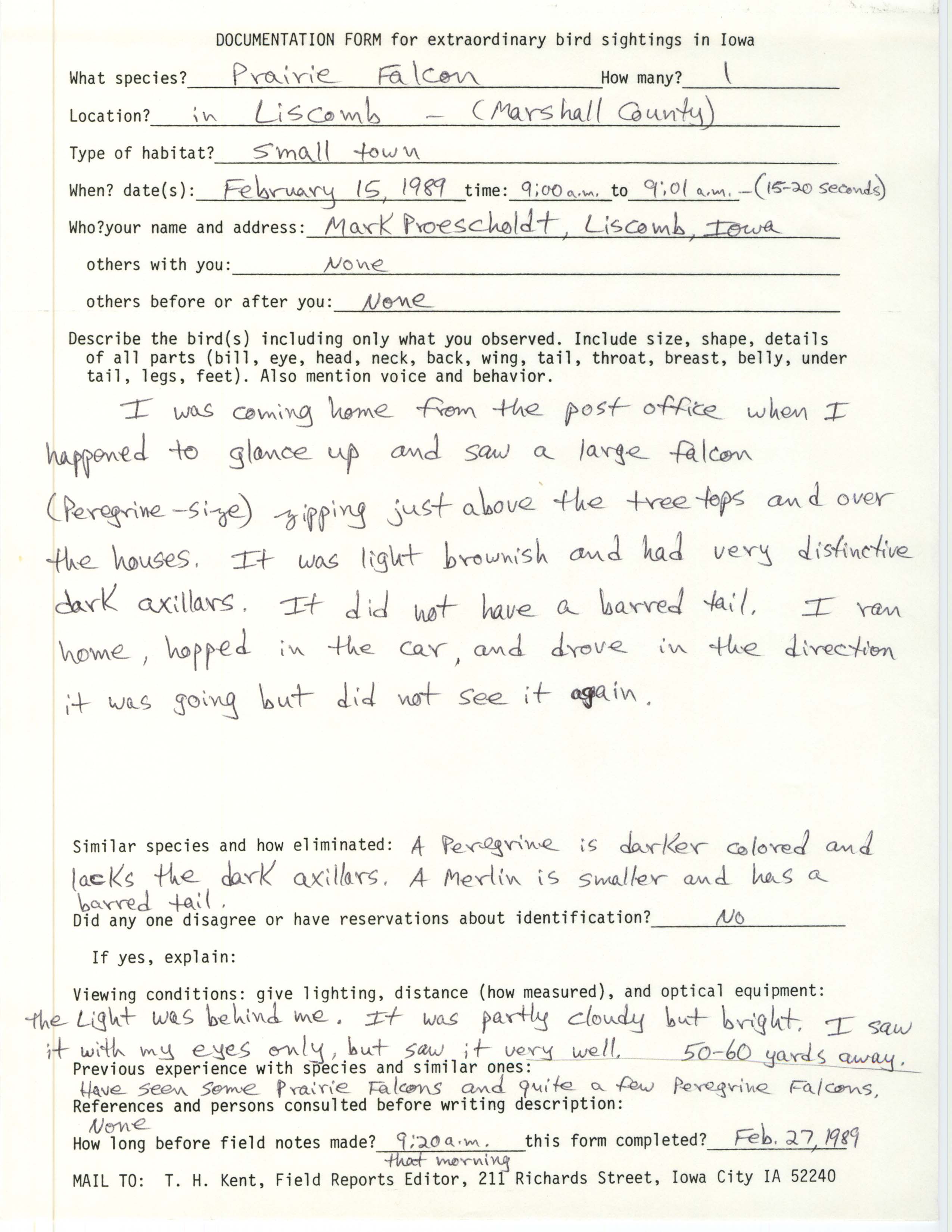 Rare bird documentation form for Prairie Falcon at Liscomb, 1989