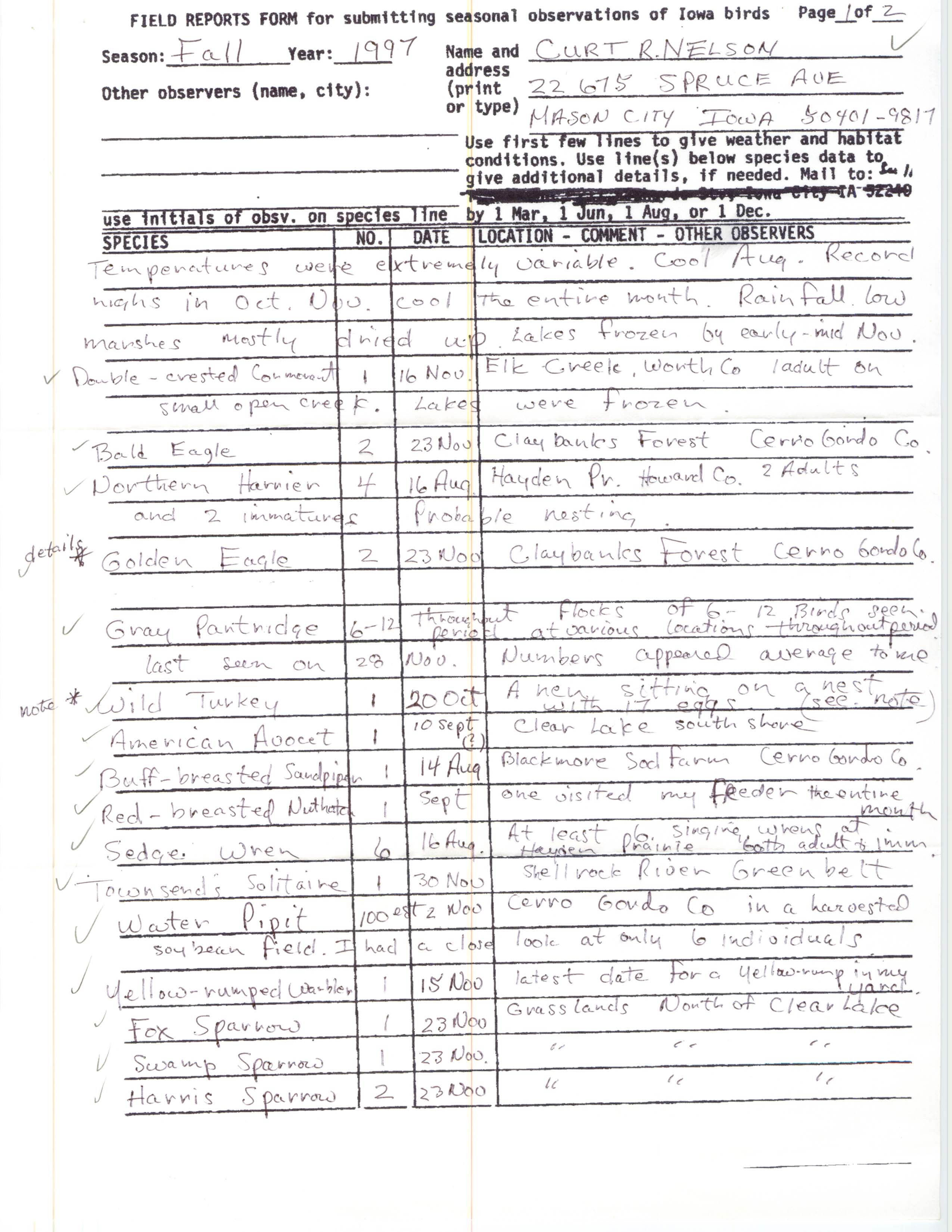 Field reports form for submitting seasonal observations of Iowa birds, Curtis Nelson, fall 1997