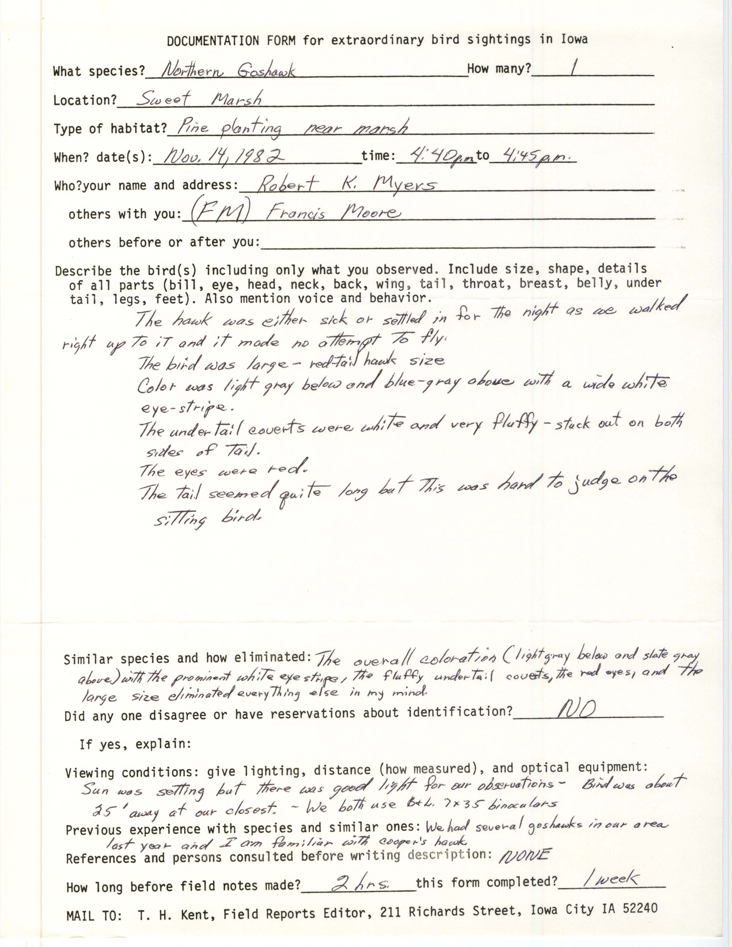 Rare bird documentation form for Northern Goshawk at Sweet Marsh in 1982