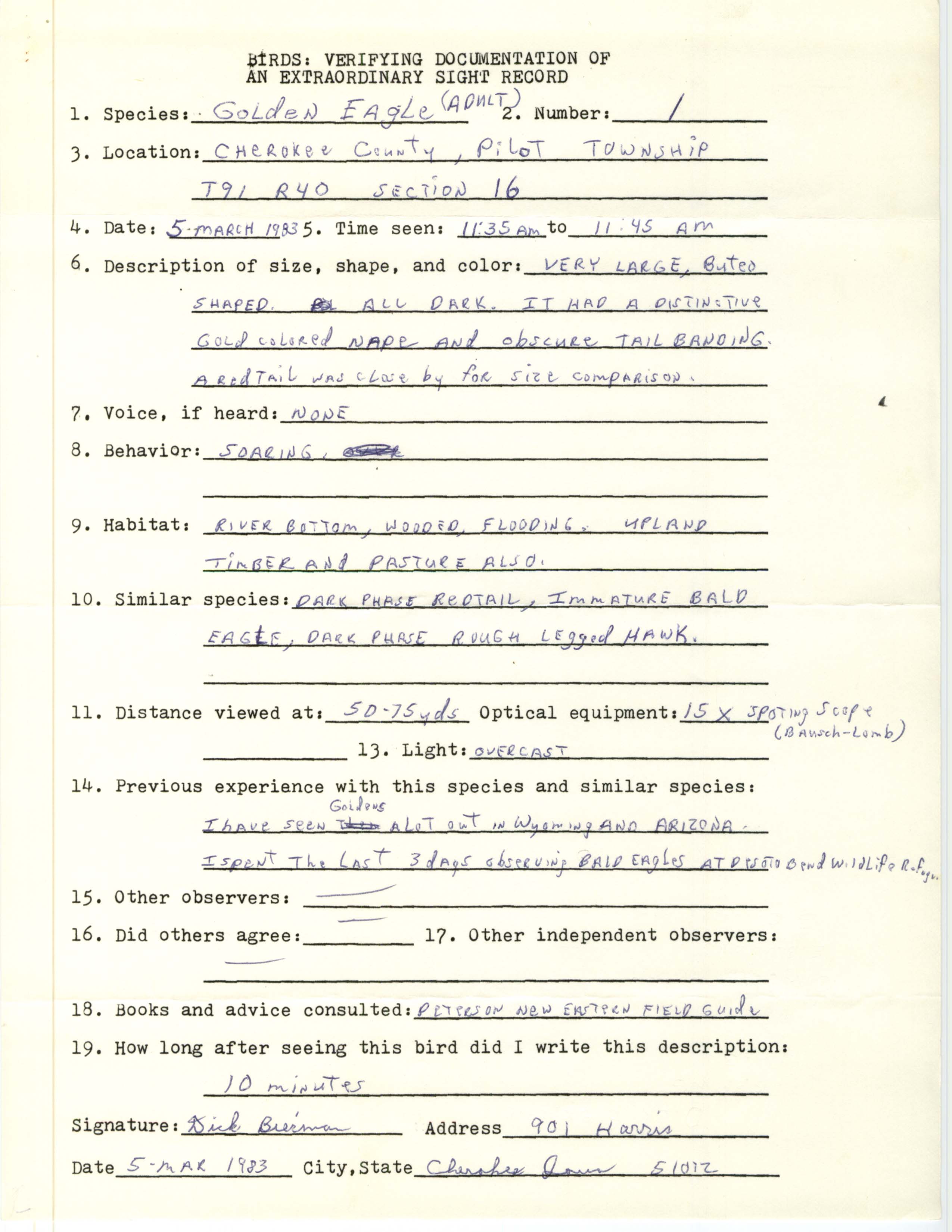 Rare bird documentation form for Golden Eagle at Pilot Township in Cherokee County, 1983
