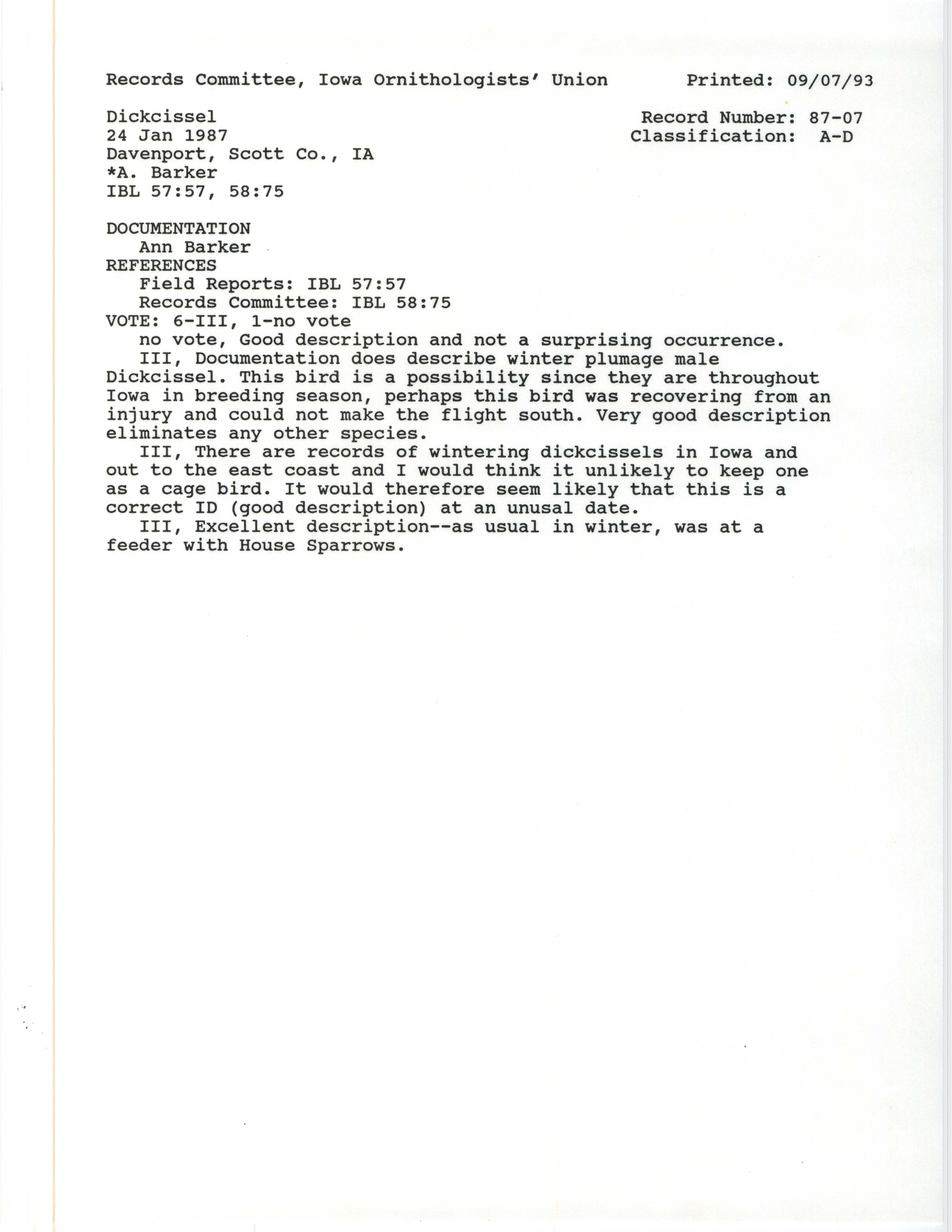 Records Committee review for rare bird sighting for Dickcissel at Davenport, 1987