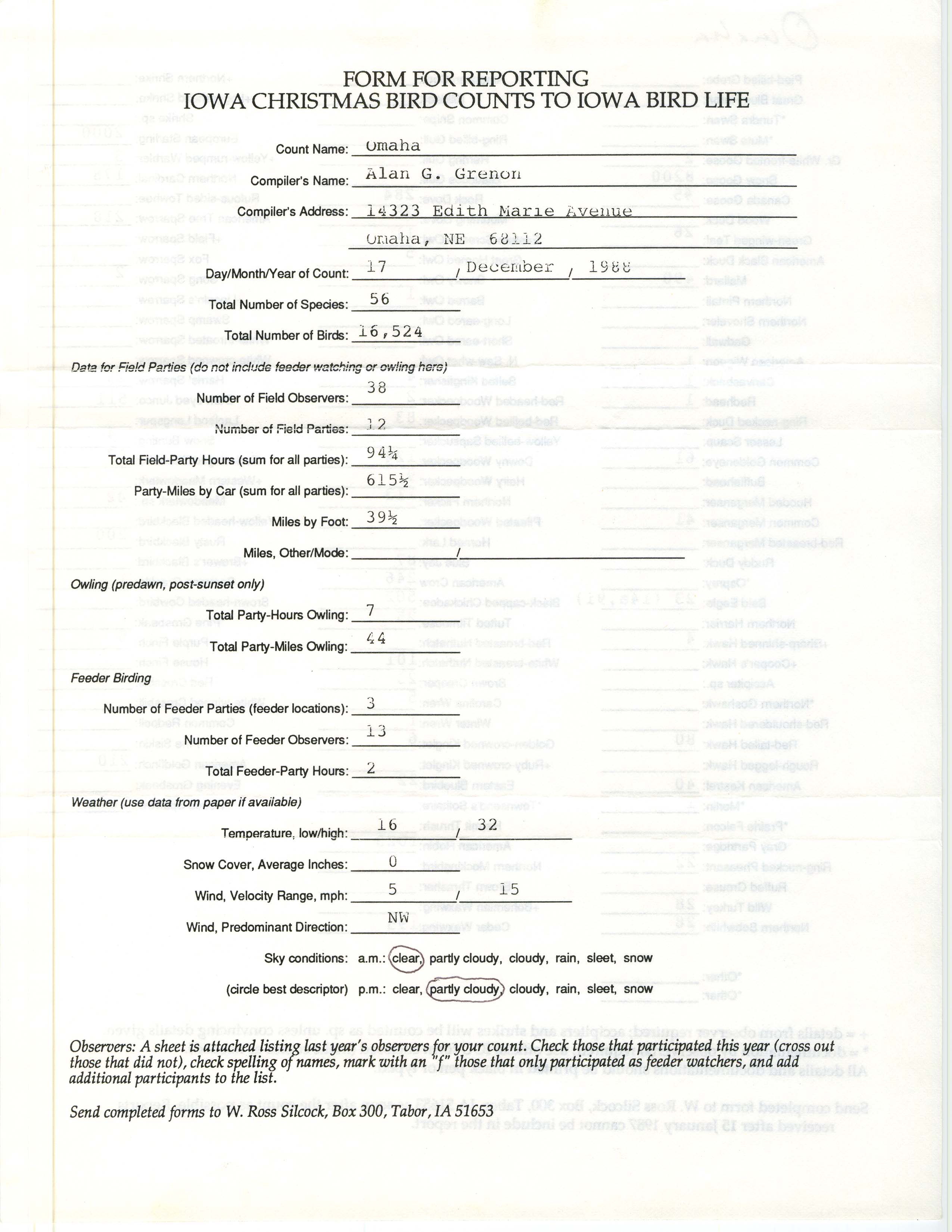 Form for reporting Iowa Christmas bird counts to Iowa Bird Life, Alan G. Grenon, December 17, 1988