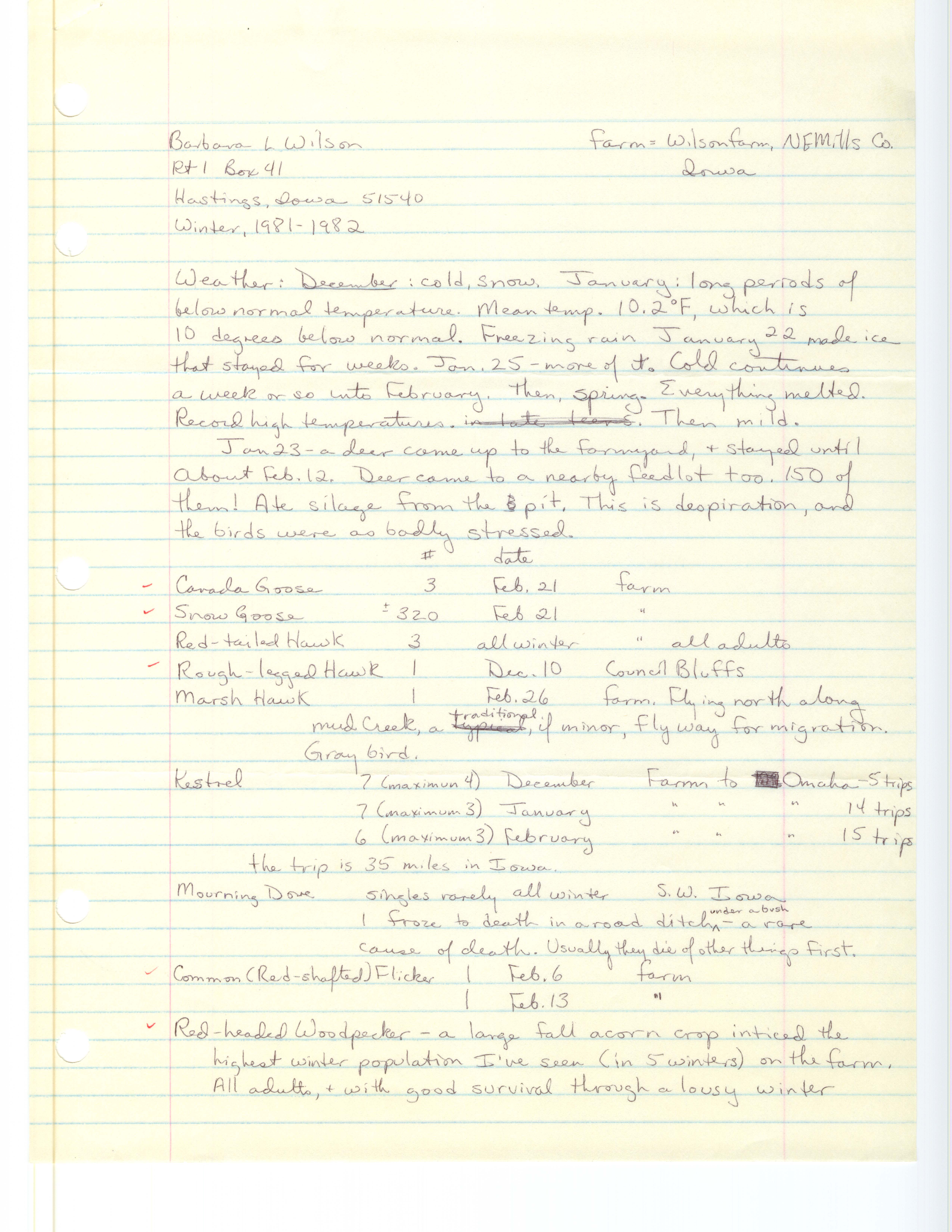 Field notes with additional documentation contributed by Barbara L. Wilson, winter 1981-1982