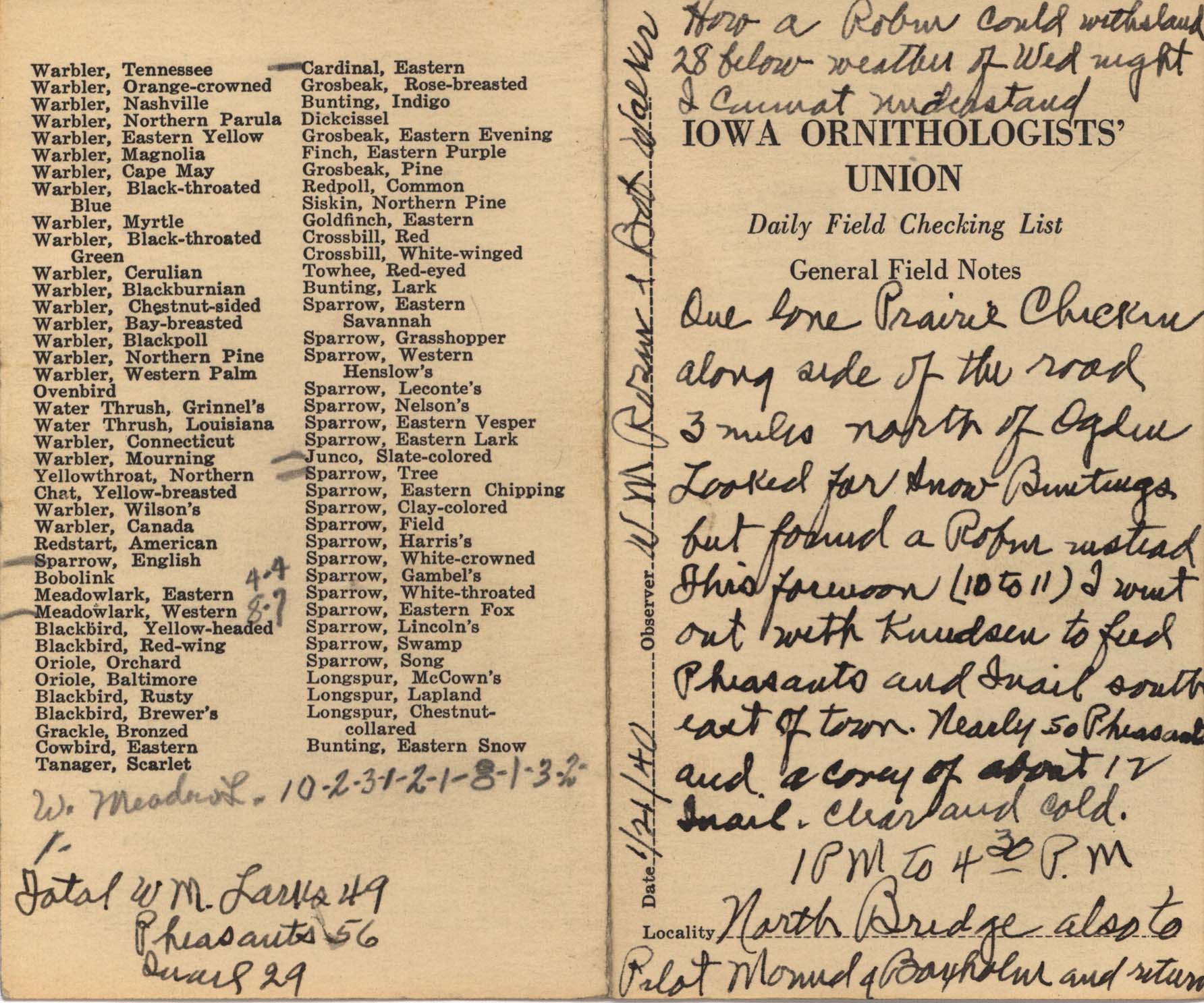 Daily field checking list by Walter Rosene, January 21, 1940