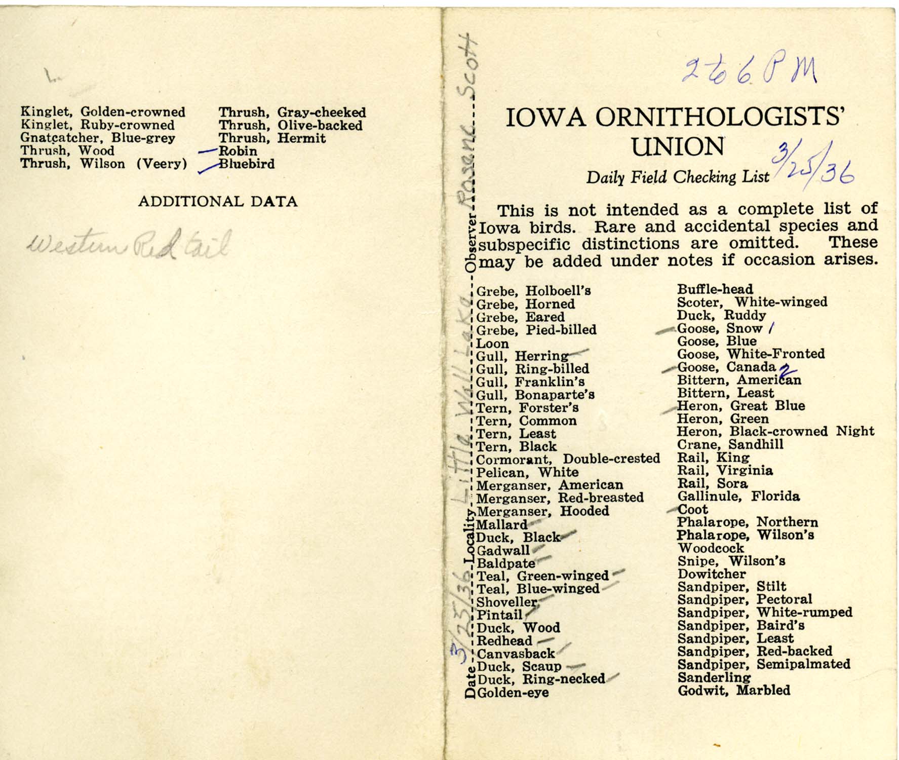 Daily field checking list by Walter Rosene, March 25, 1936