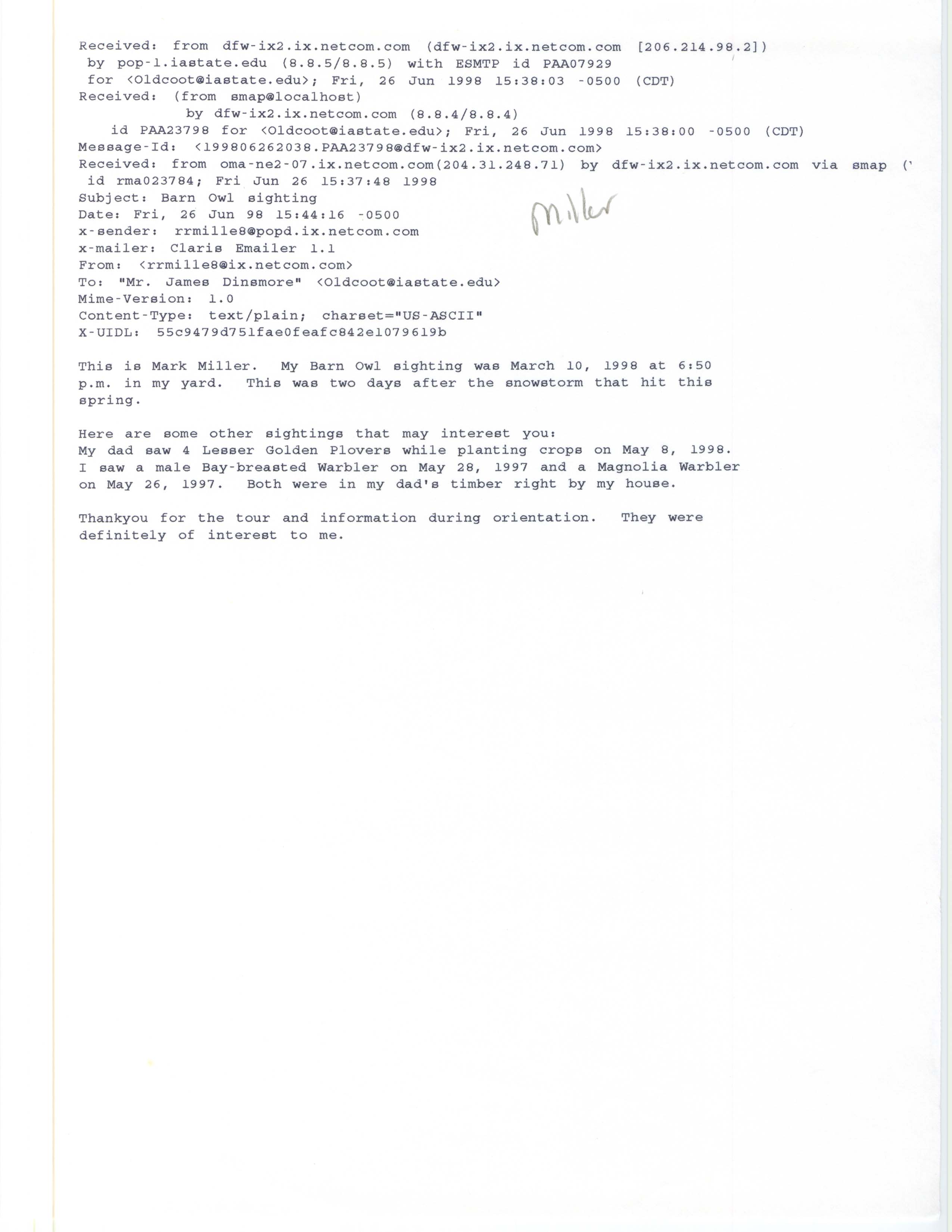 Mark Miller email to Jim Dinsmore regarding Barn Owl sighting, June 26, 1998