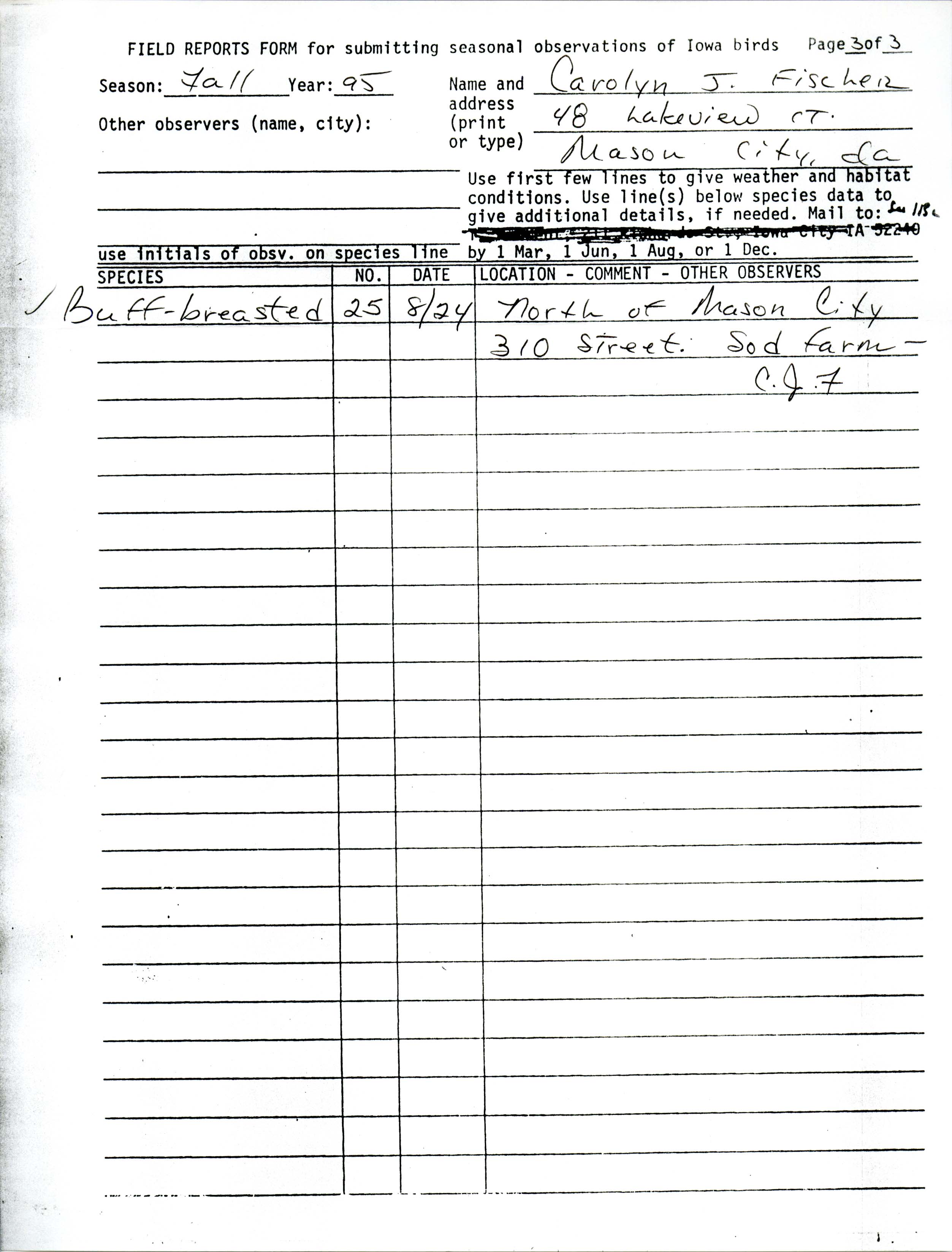 Field reports form for submitting seasonal observations of Iowa birds, Carolyn J. Fischer, fall 1995