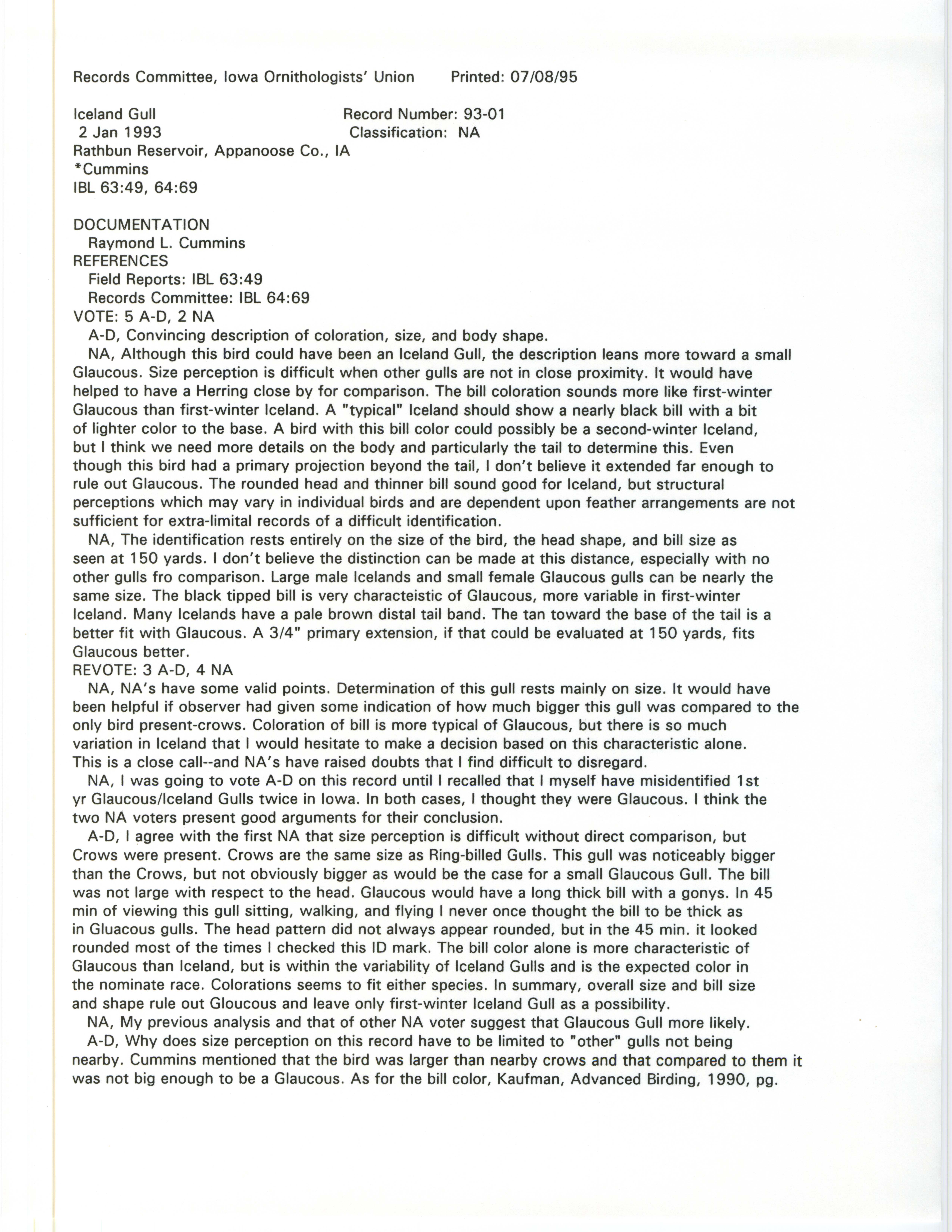 Records Committee review for rare bird sighting of Iceland Gull at Lake Rathbun Dam, 1993