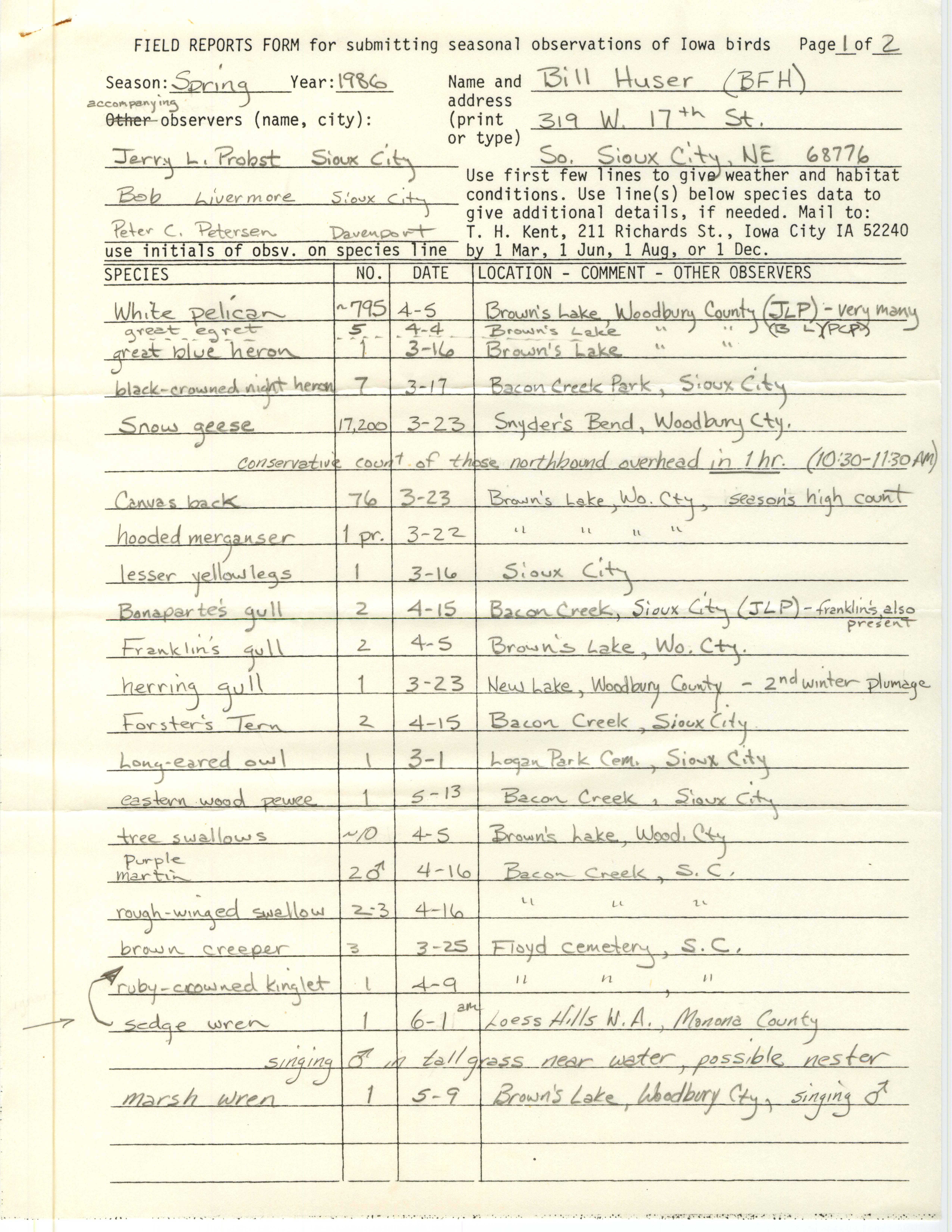 Field reports form for submitting seasonal observations of Iowa birds, Bill Huser, Spring 1986