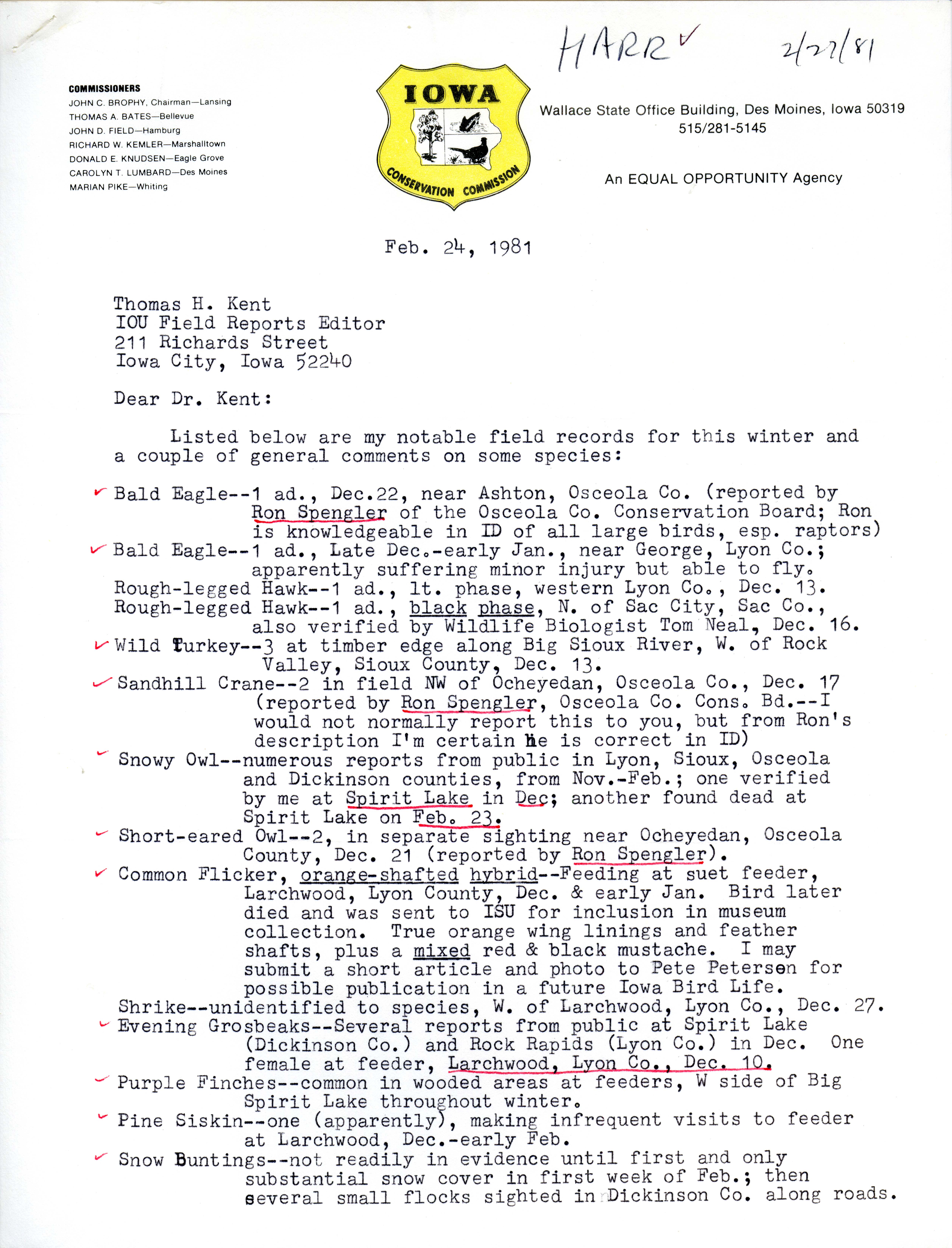 Douglas C. Harr letter to Thomas Kent regarding notable field records for winter, February 24, 1981