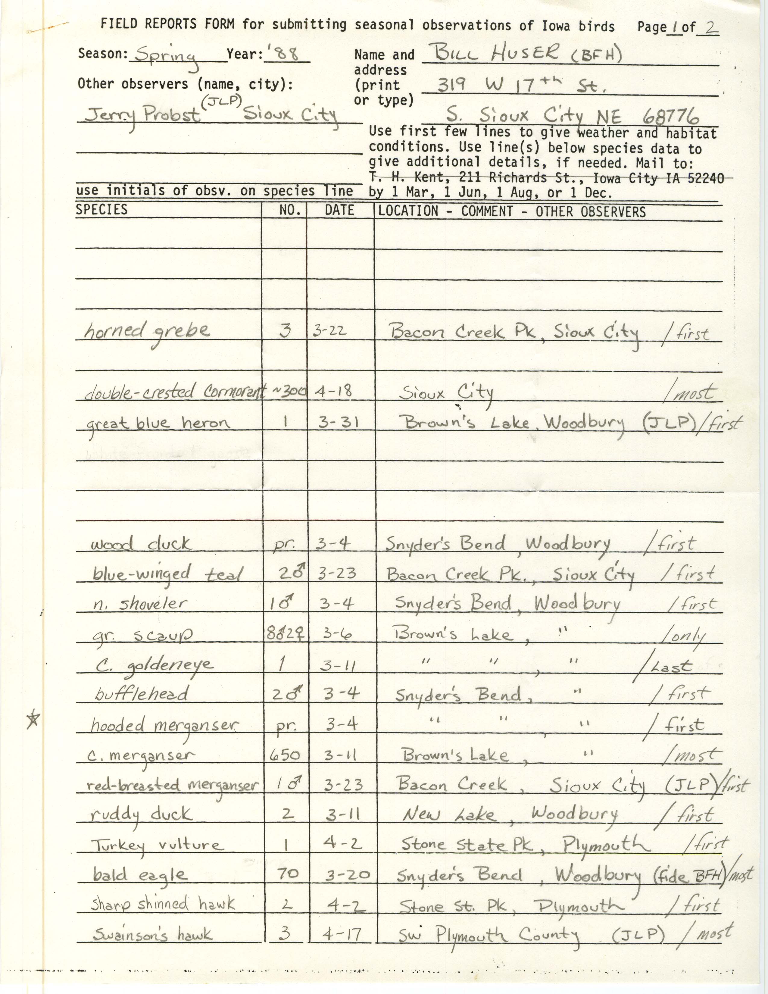 Field reports form for submitting seasonal observations of Iowa birds, Bill F. Huser, spring 1988
