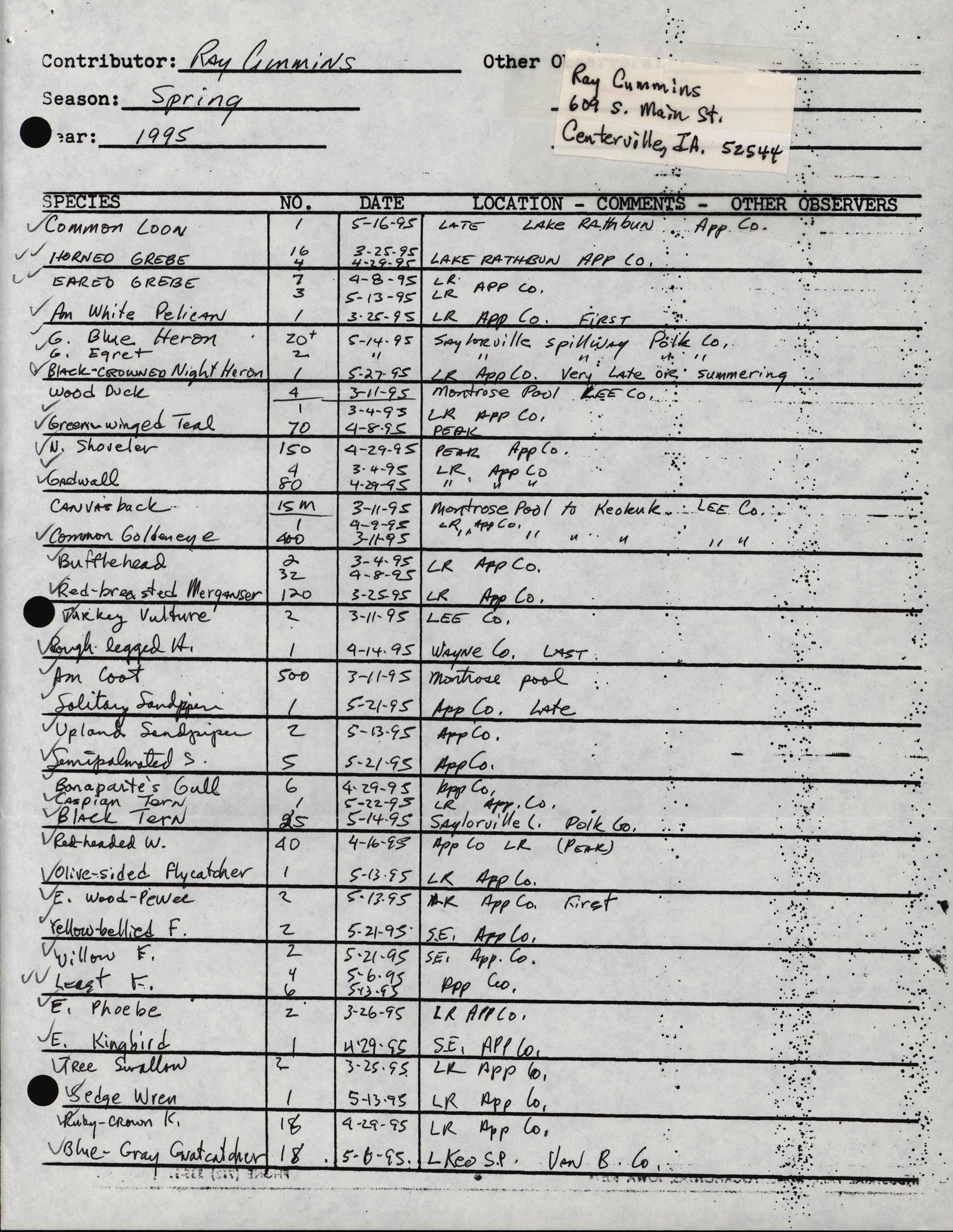 Field reports form for submitting seasonal observations of Iowa birds, spring 1995, Ray Cummins