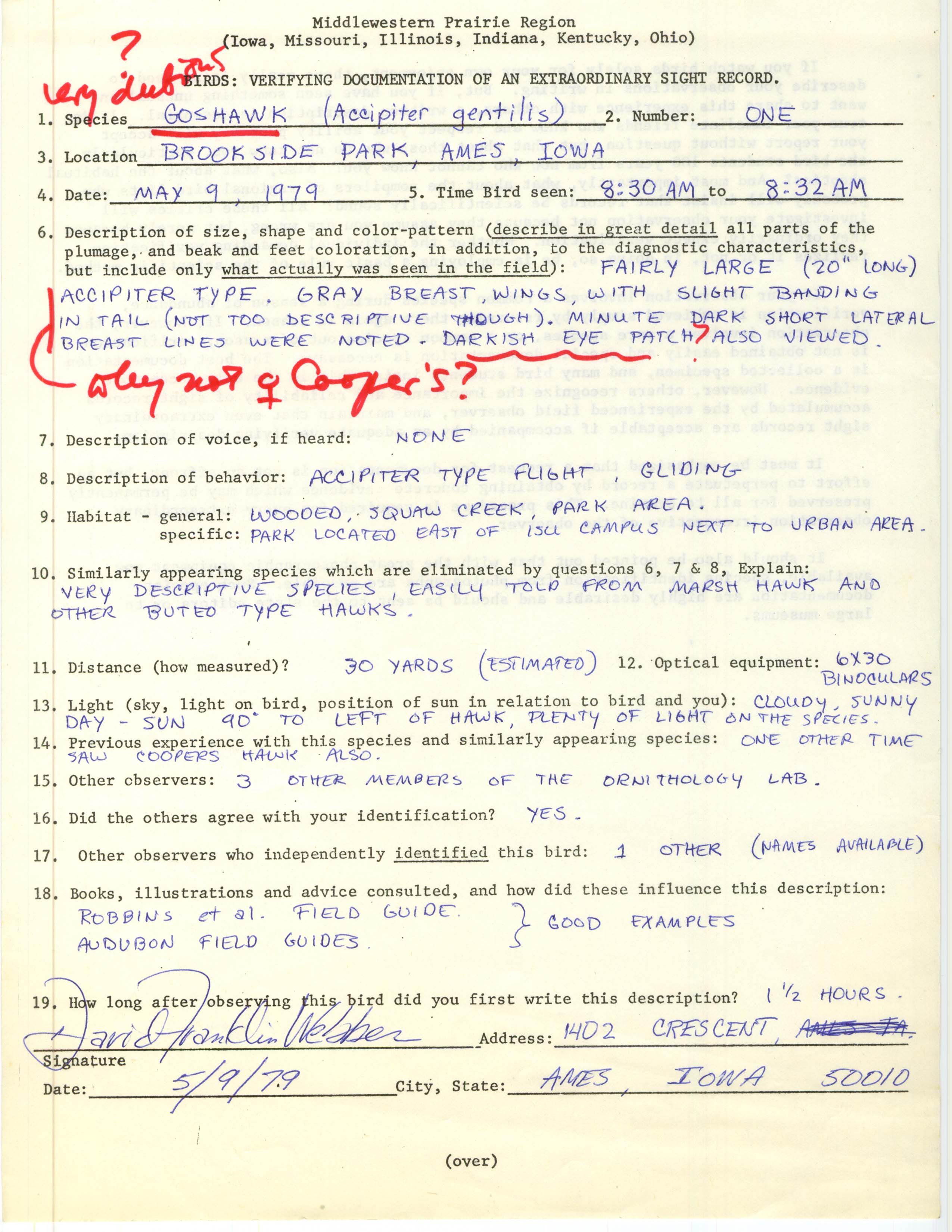 Rare bird documentation form for Northern Goshawk at Brookside Park, 1979