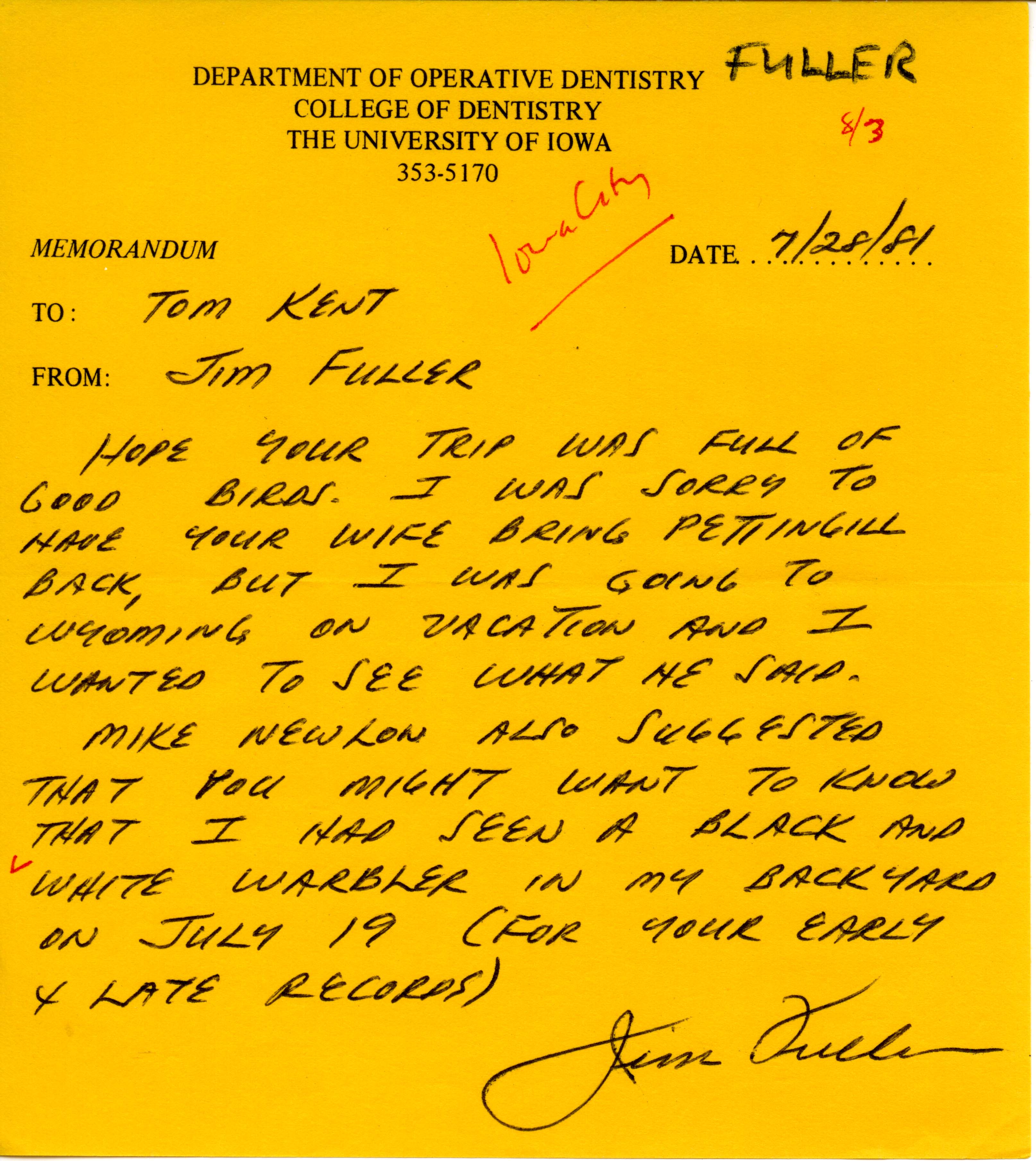 James L. Fuller letter to Thomas H. Kent regarding a Black-and-white Warbler sighting, July 28, 1981