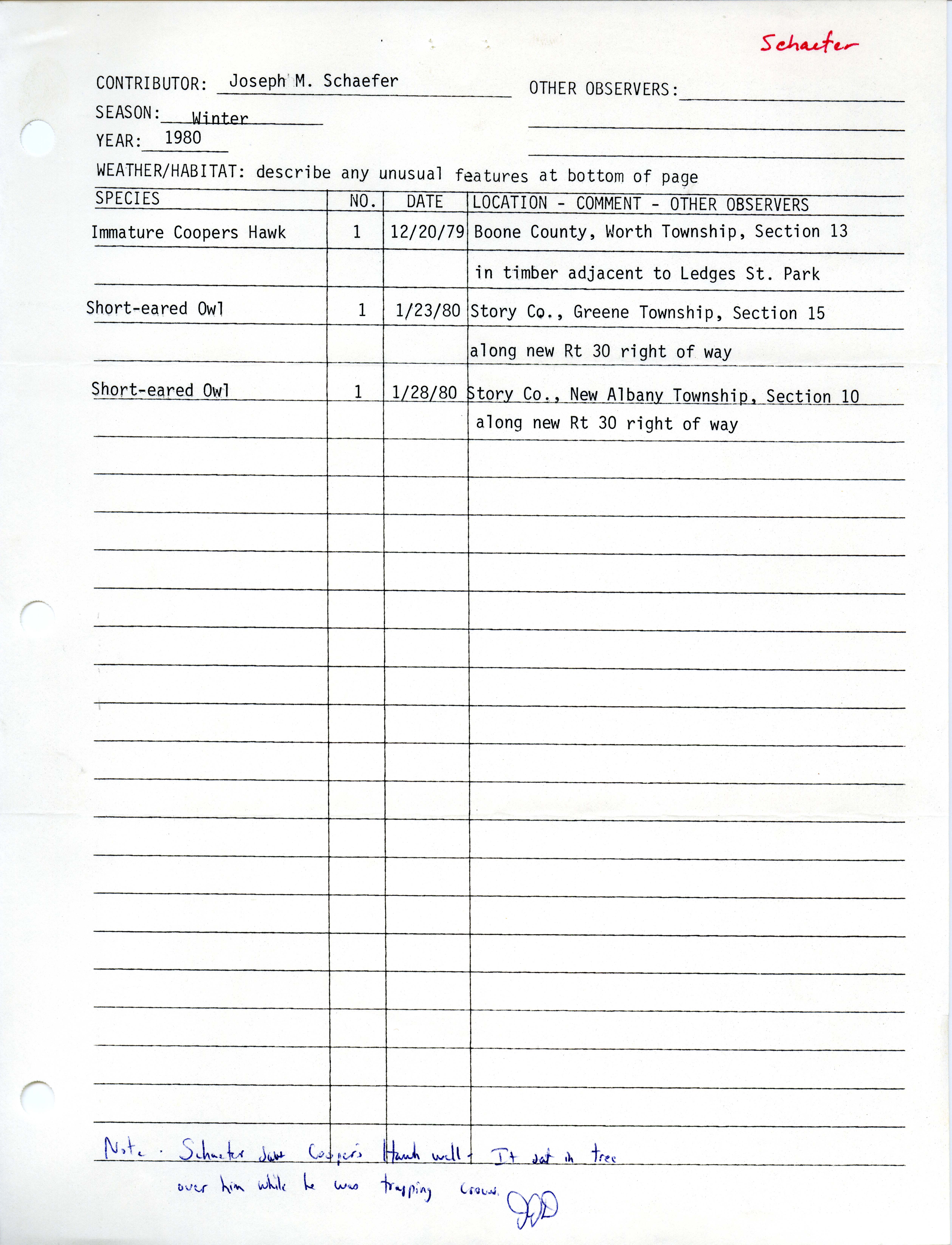 Field notes contributed by Joseph M. Schaefer, winter 1979-1980 