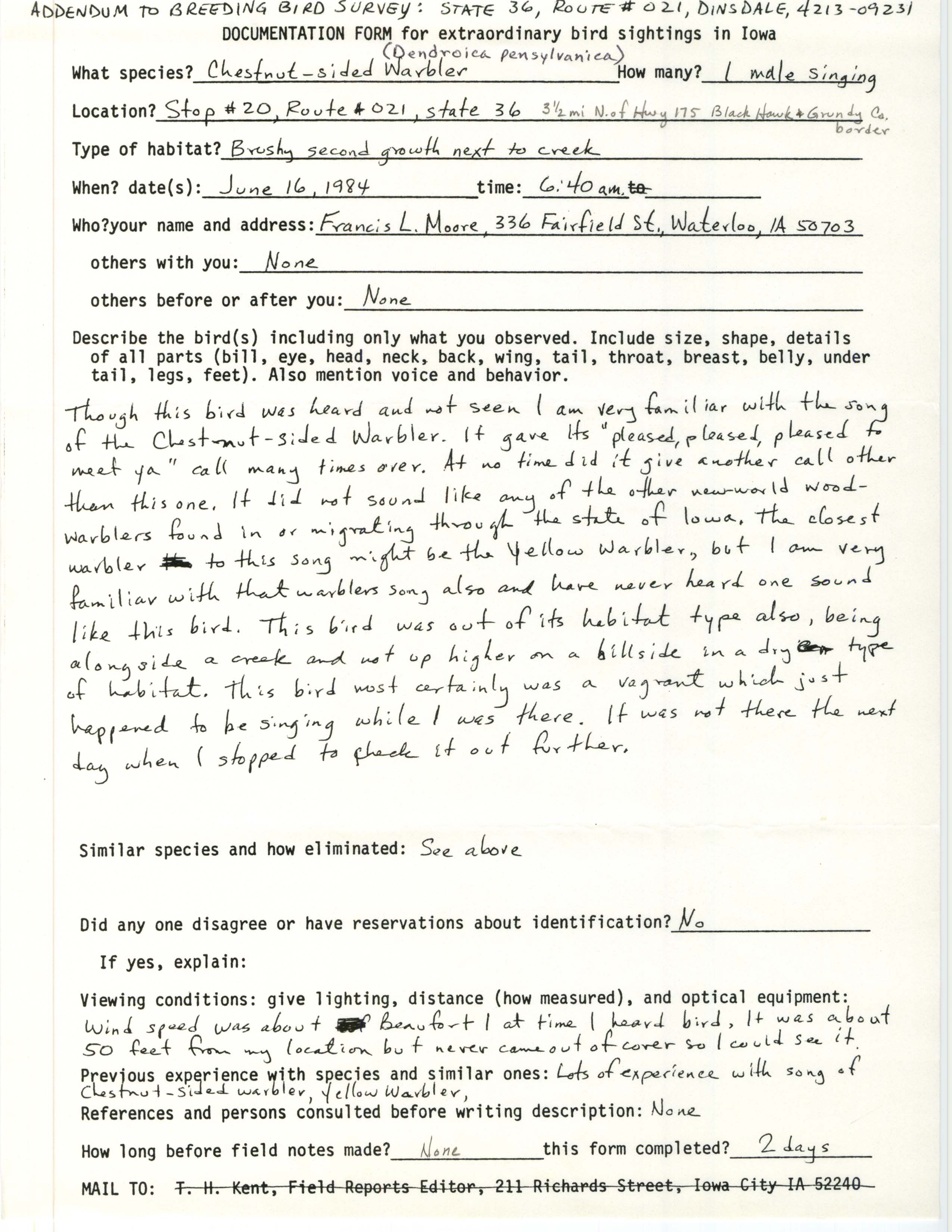 Rare bird documentation form for Chestnut-sided Warbler near Zaneta in 1984