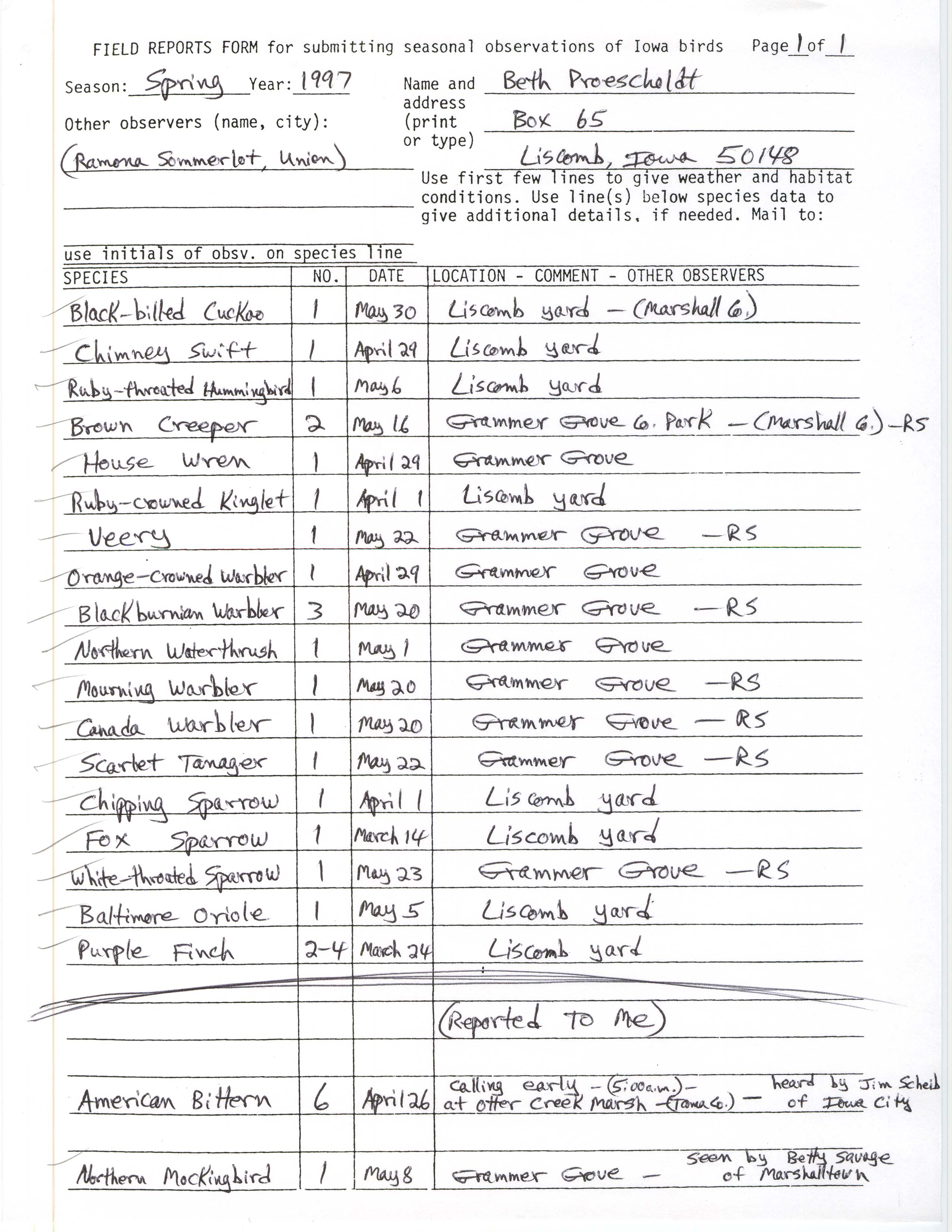 Field reports form for submitting seasonal observations of Iowa birds, Beth Proescholdt, spring 1997